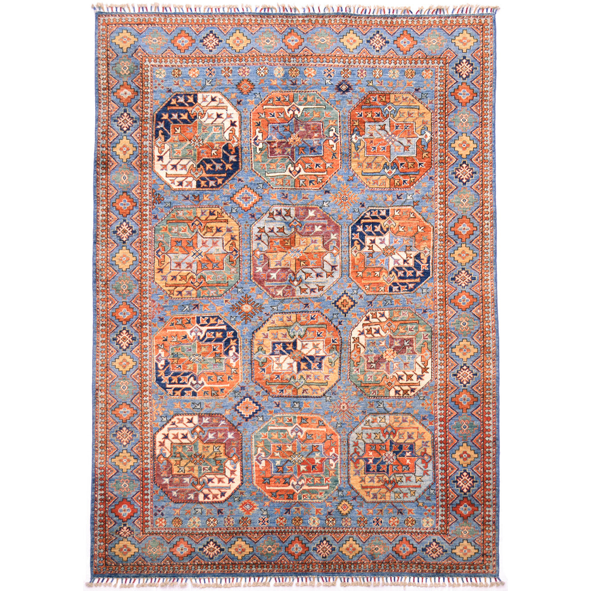 Hand-knotted wool pile Afghan Handmade Blue Ersari carpet with 12 gul multicolour design.