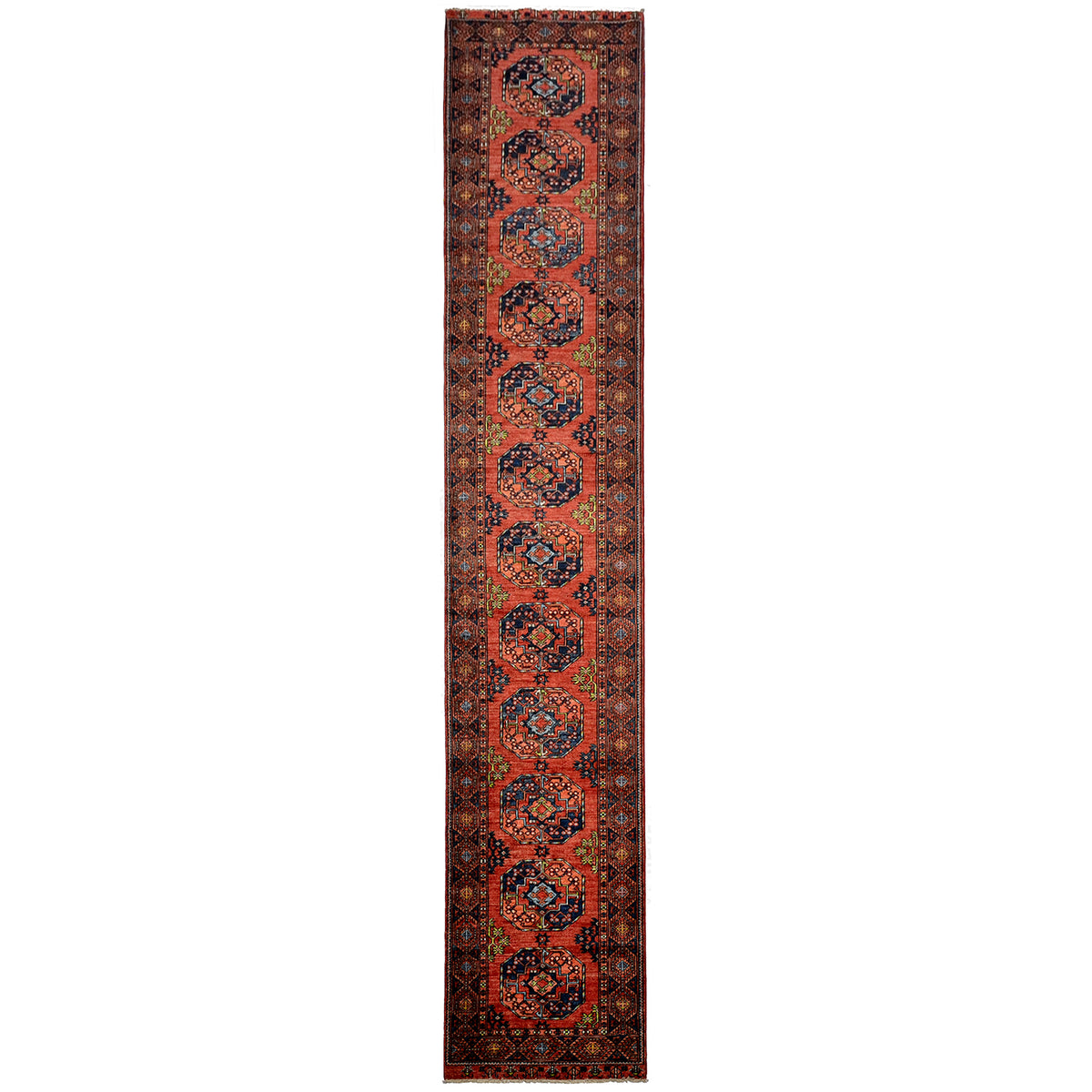 Hand-knotted long Afghan Ersari Runner with elephants foot design on a terracotta / rust ground.