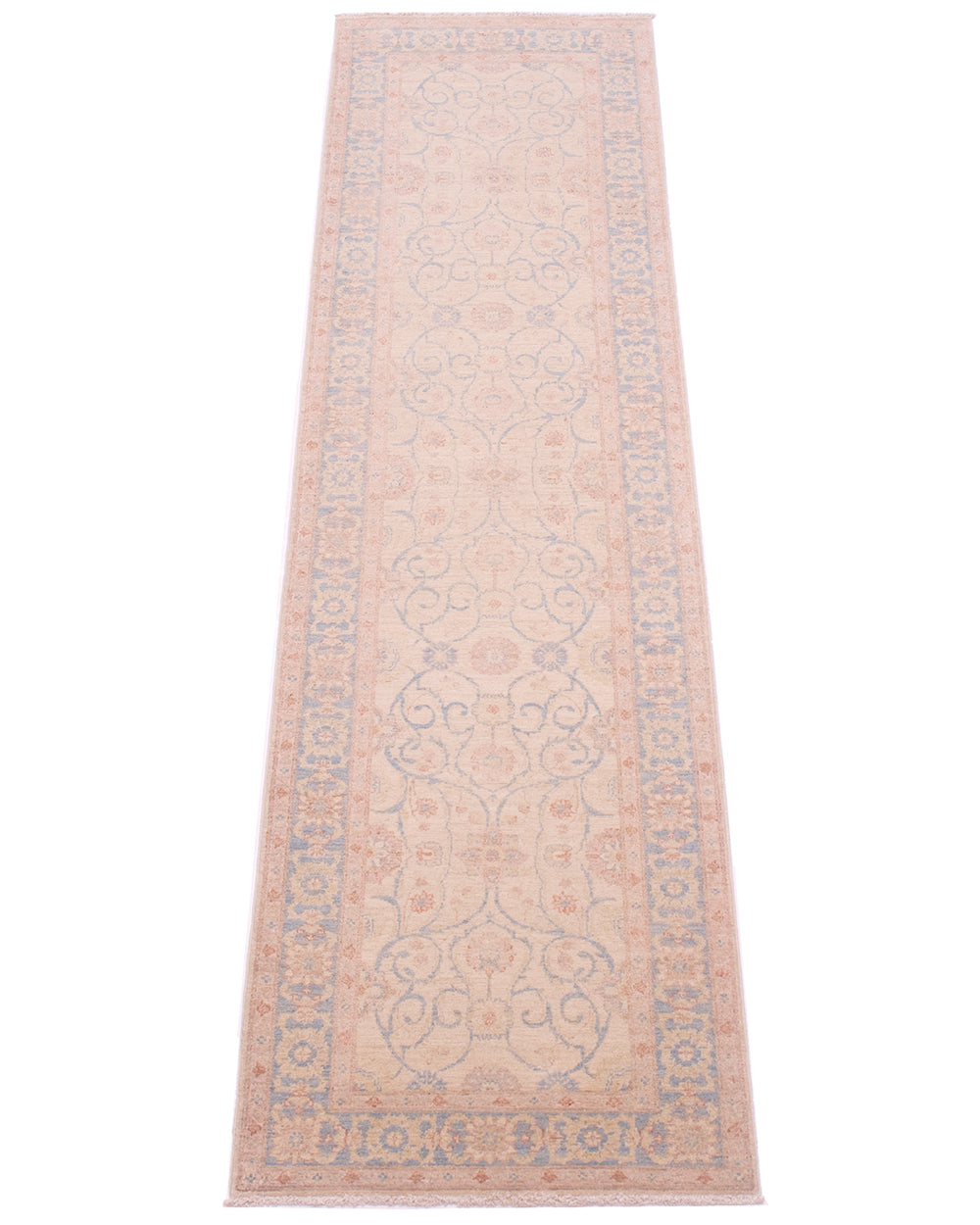Stunning classic format of runner with beige cream background field with handspun wool. Light blue and pink terracotta floral curvaceous detailing with light blue background to border.