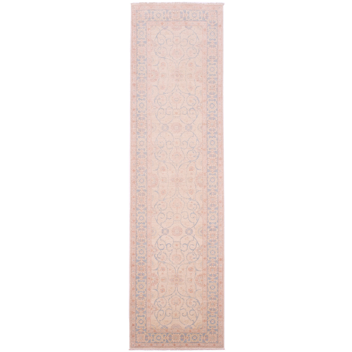 Fine Afghan Ferahan / Feraghan Runner with all over floral design in beige, blue and pink tones. Arabesques filled field on a cream background.