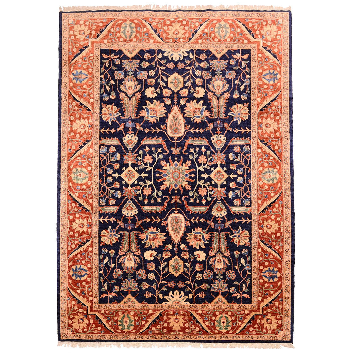 Dark midnight blue ground fine Ferahan carpet with all over floral design and rust amber border with rich ivory cream detailing. Floral network of flowerheads, blossoms and flowering plants.
