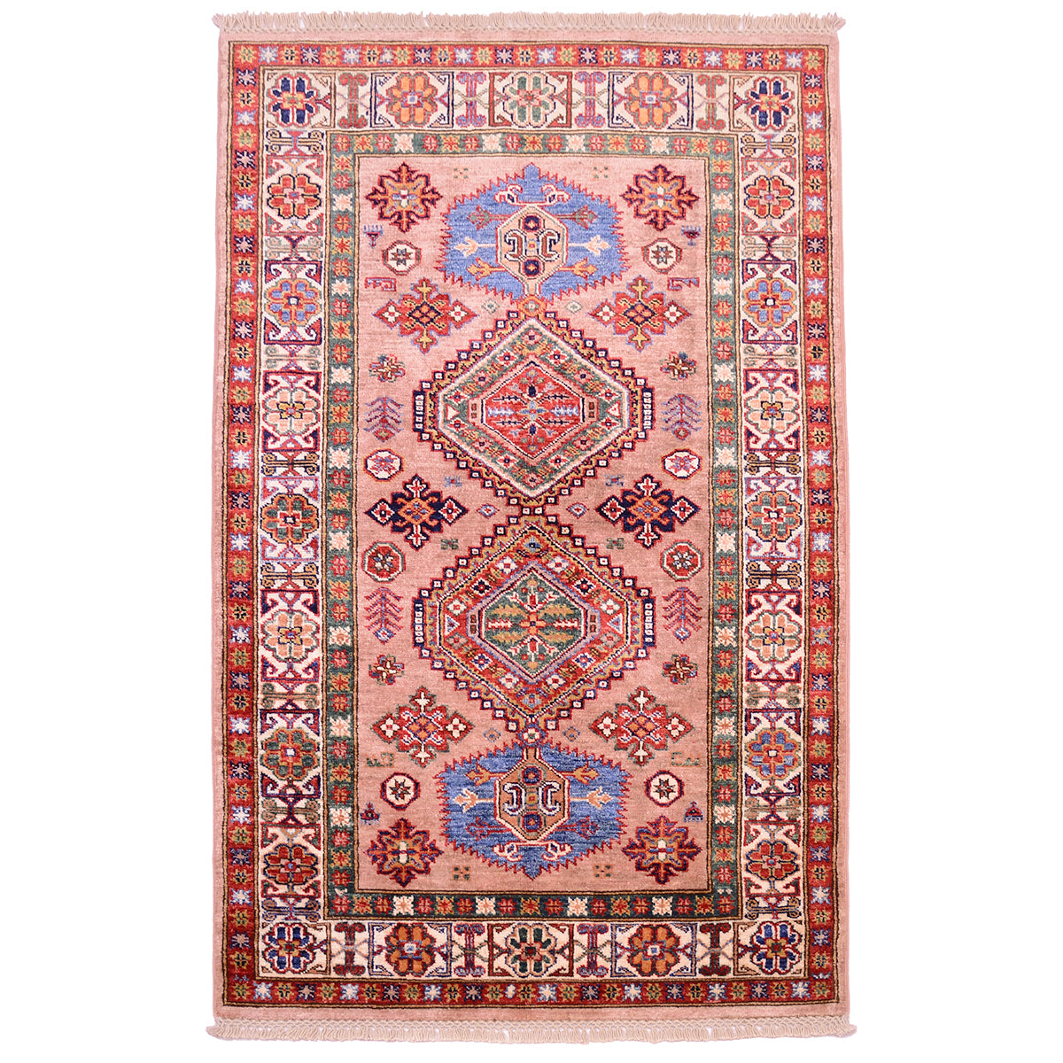 Fine handmade pink Kazak Rug with geometric design and champagne pink main colour.