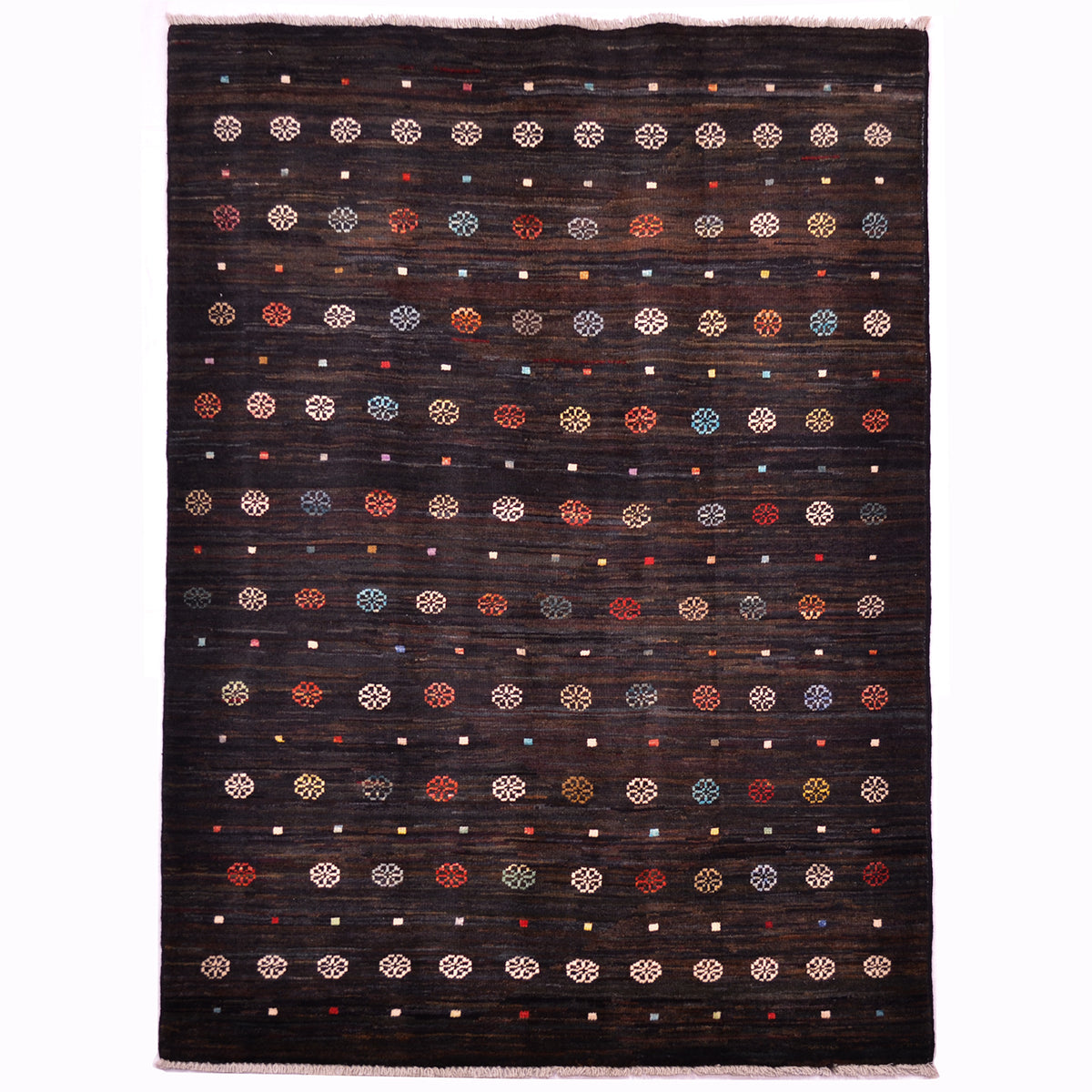 Handmade Afghan Gabbeh Rug: black with plenty of variations of shade; it has a simple design of rows of small rosettes and square motifs.