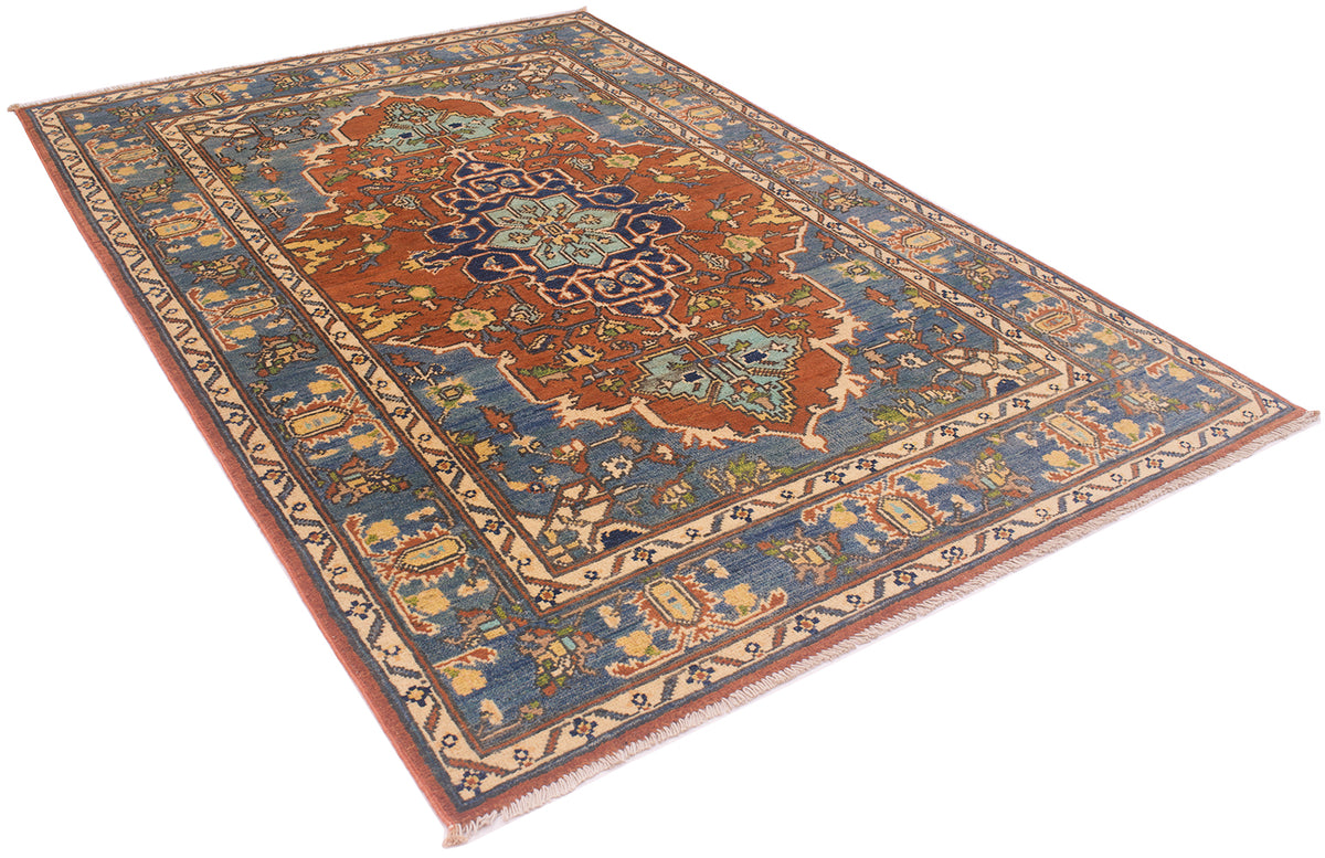 A rectangular 4x6 Afghan Handmade Heriz rug with a traditional Persian-style medallion pattern, featuring a blue field, rust-orange central medallion, and beige borders on a white background.