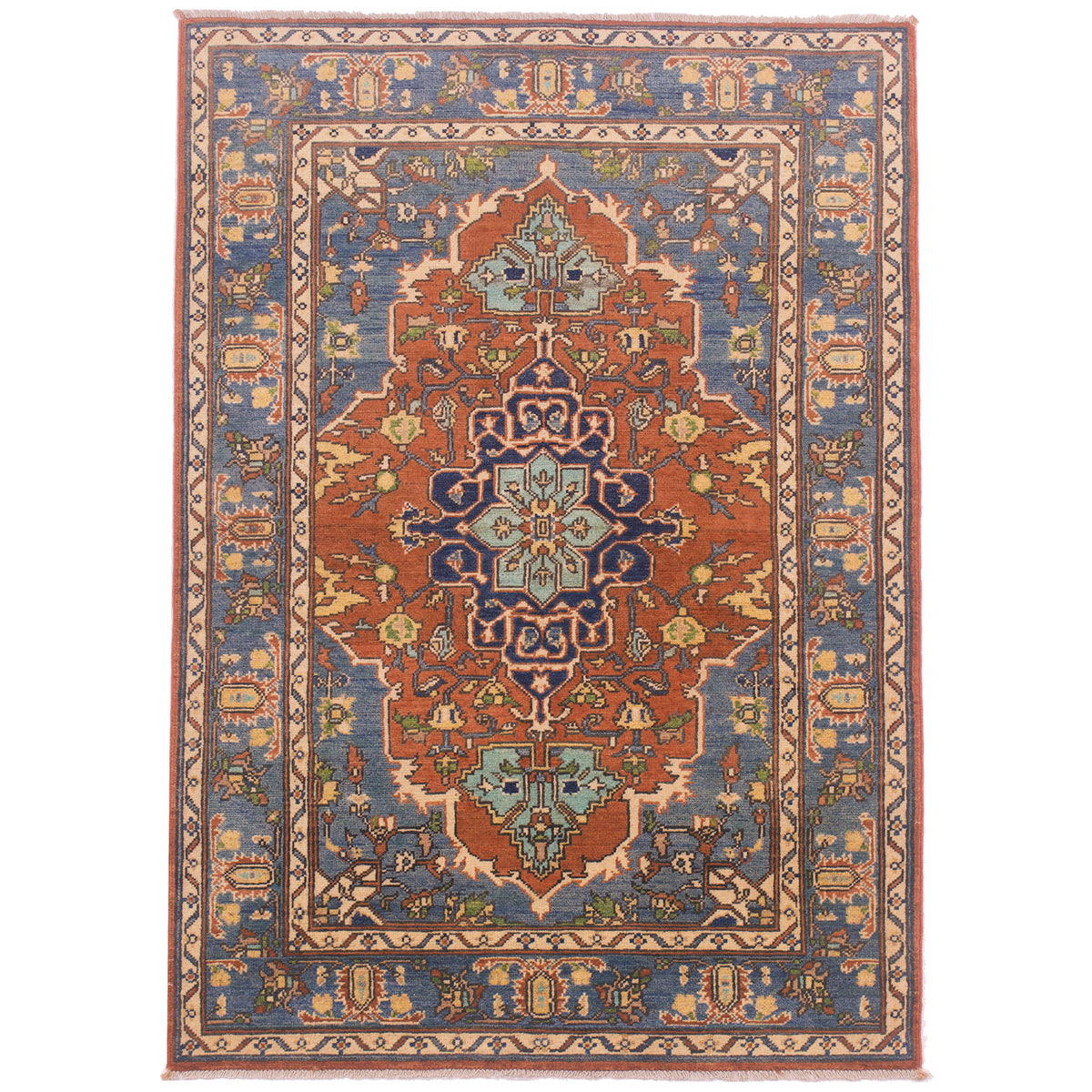 Afghan Handmade Heriz rug; terracotta/rust with blue, geometric medallion design.