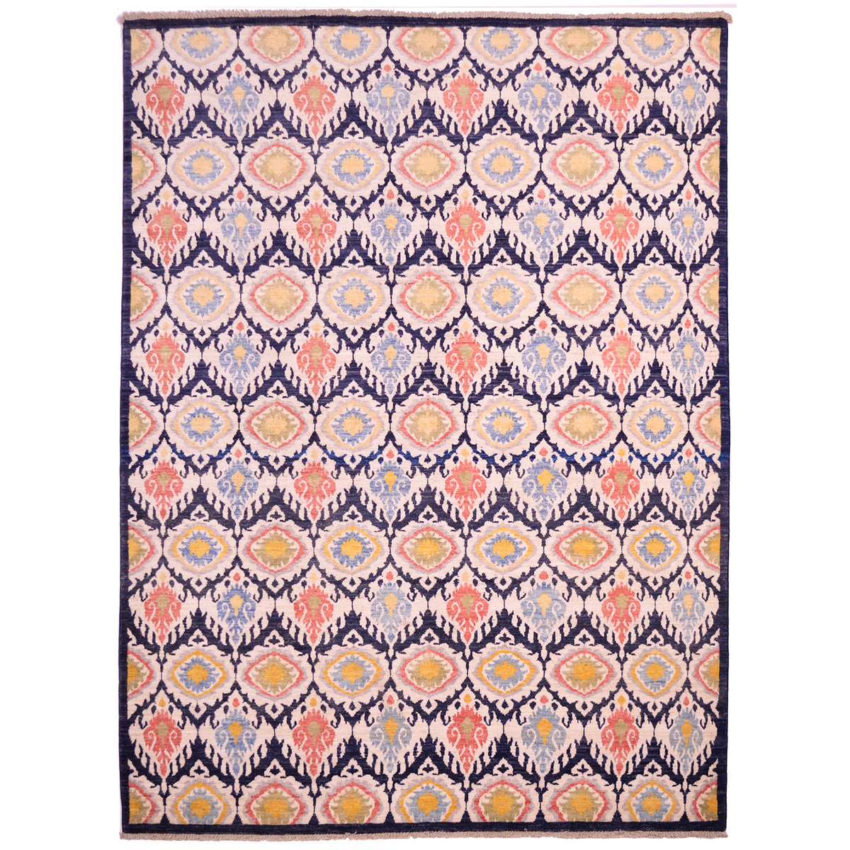 Ikat design Afghan Carpet with all -over design in colours of dark blue with cream as well as gold yellow, green, blue and terracotta.