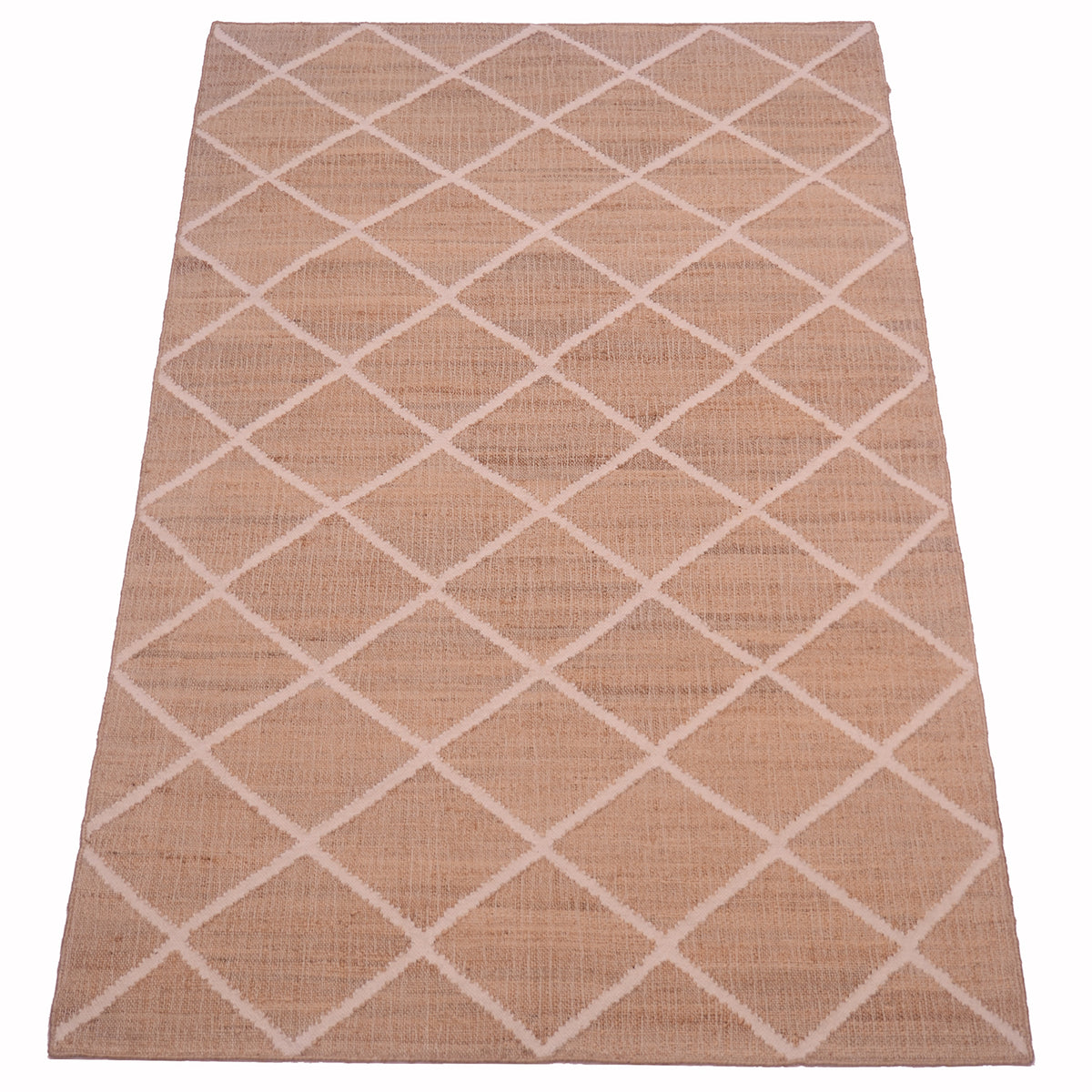 Beige ground kilim with lattice design on a white background