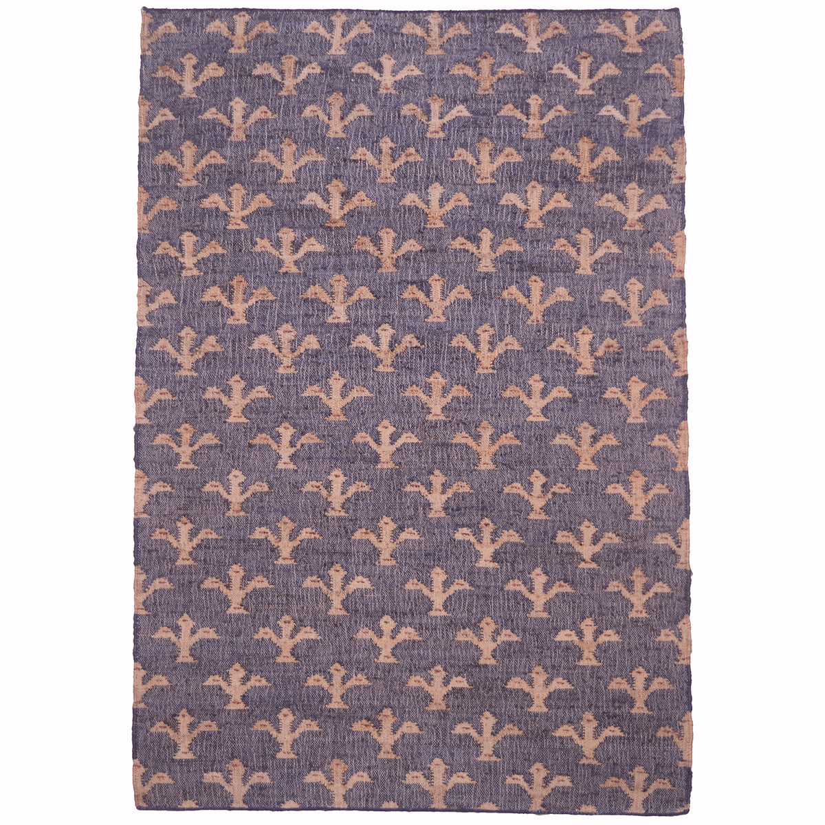 Indian jute kilim rug with a repeating Fleur de Lys pattern in natural and muted tones