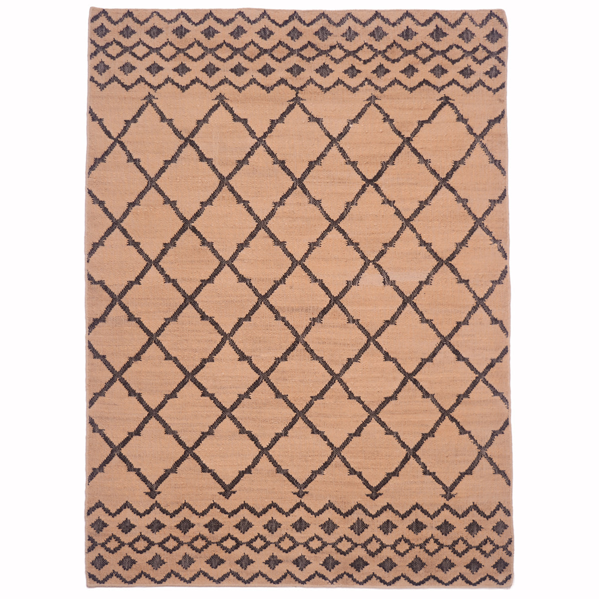 Handwoven jute kilim rug with a natural beige base, dark diamond lattice pattern, and decorative border.