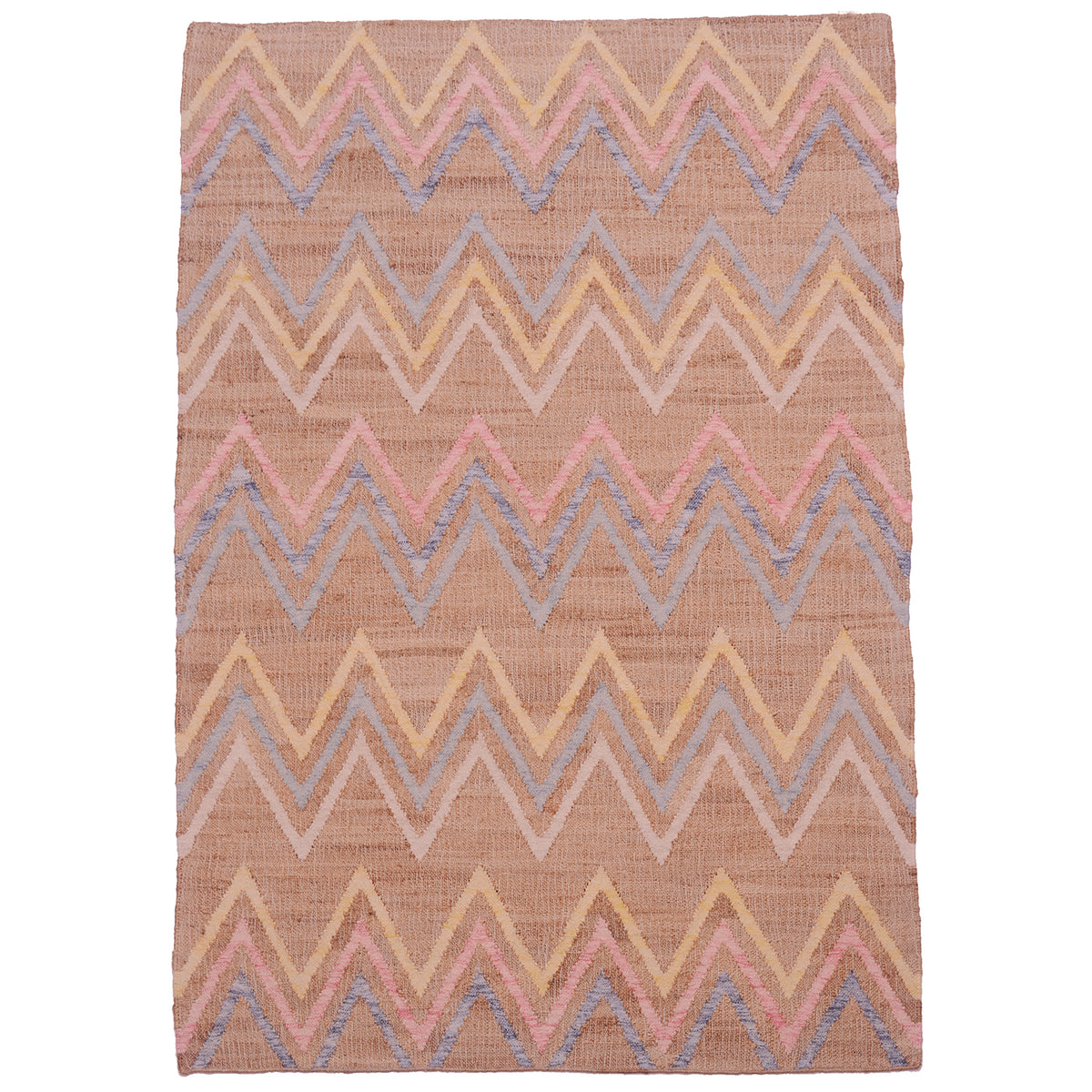 Handwoven jute kilim rug with a pastel chevron pattern in blush, beige, blue, and yellow.