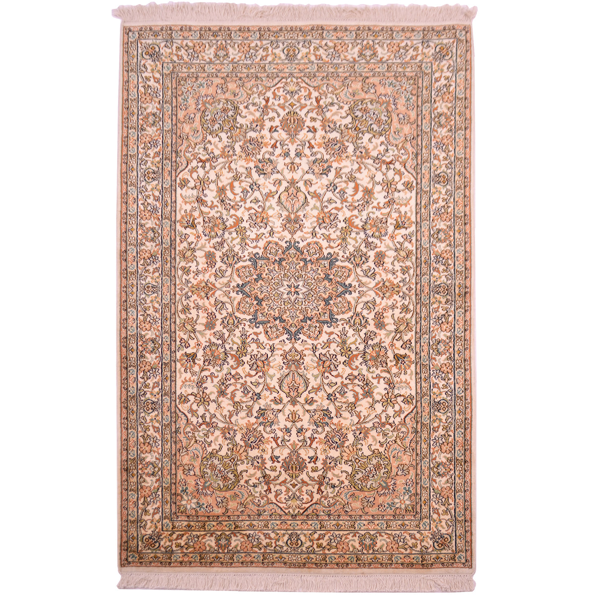 Cream with apricot and blue fine Indian Silk Kashmiri rug with elegant floral medallion design.