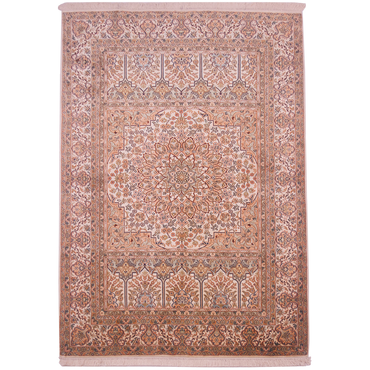 Elegant medallion style Fine silk Kashmir rug with colours of cream, apricot and sage green.