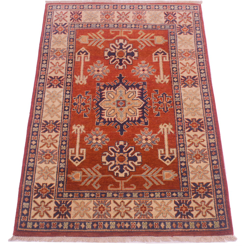 Handmade Kazak rug, rust-red center medallion with cream border, dark-blue accents, fringe