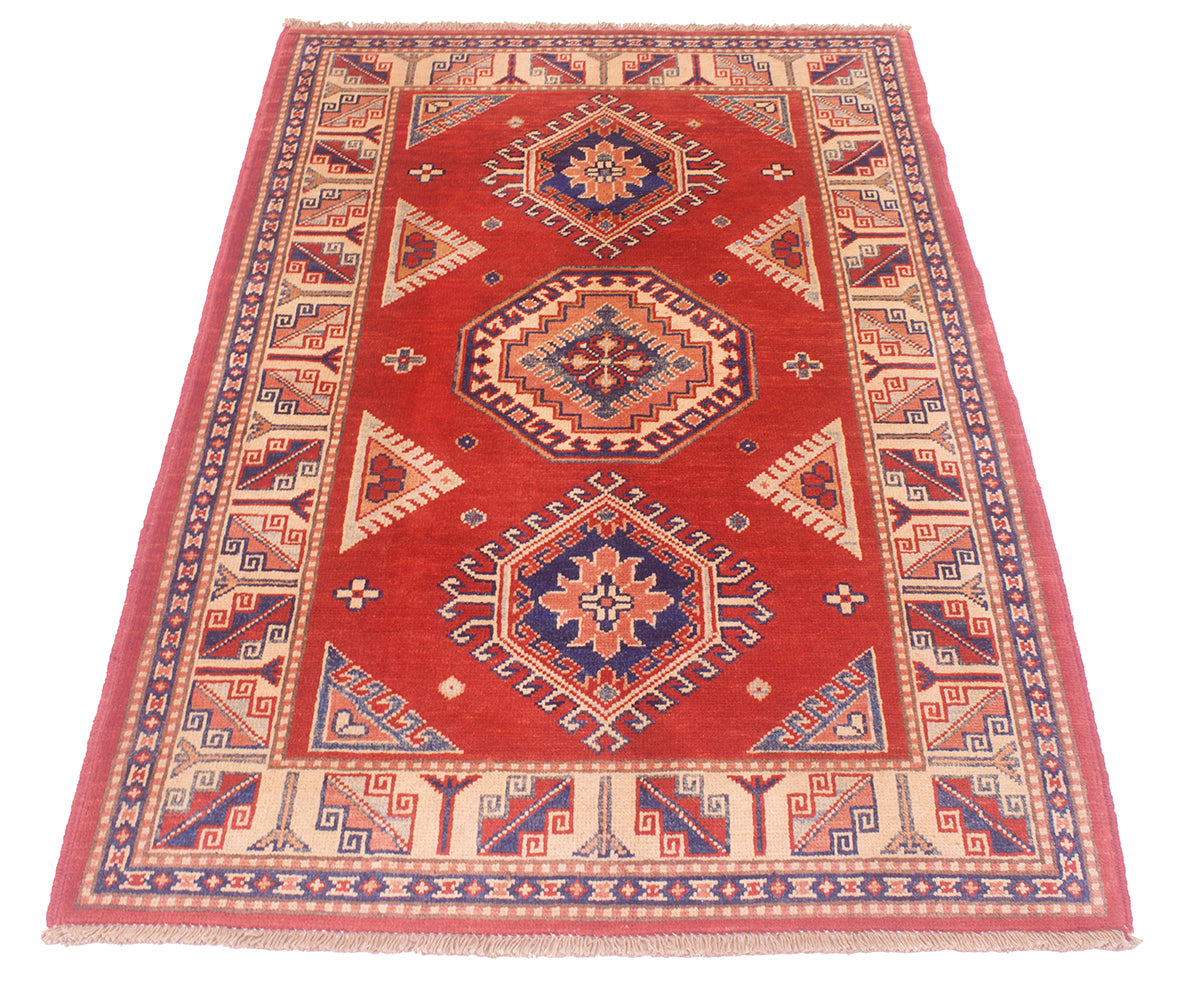 Red handmade Afghan Kazak rug with dark blue and orange medallion shapes
