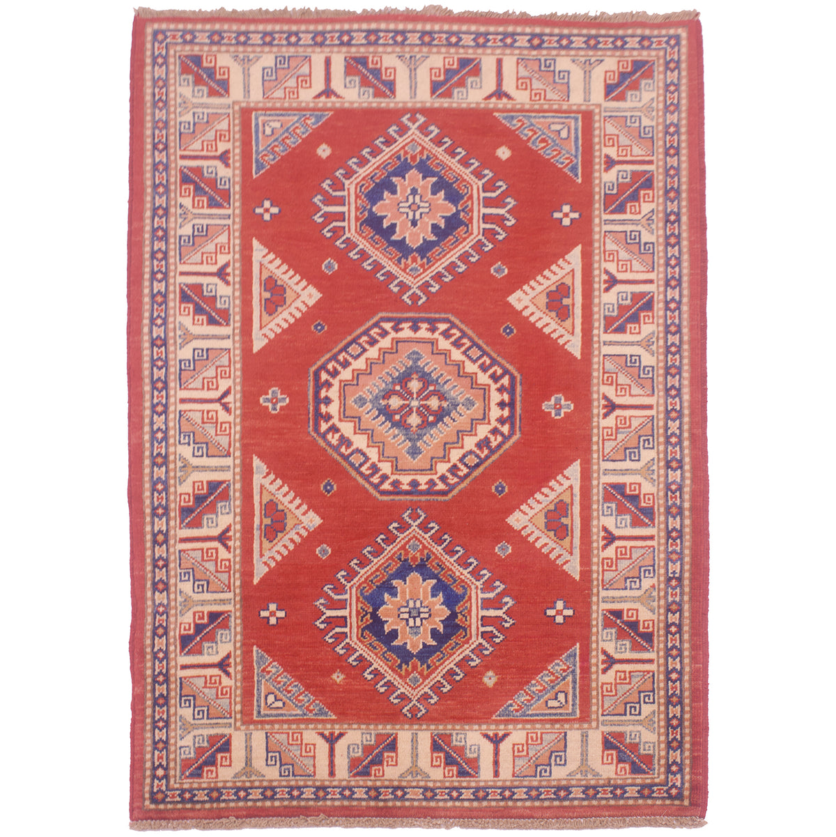 Handmade knotted wool pile Red Kazak rug from Afghanistan with geometric triple medallion design and cream border.
