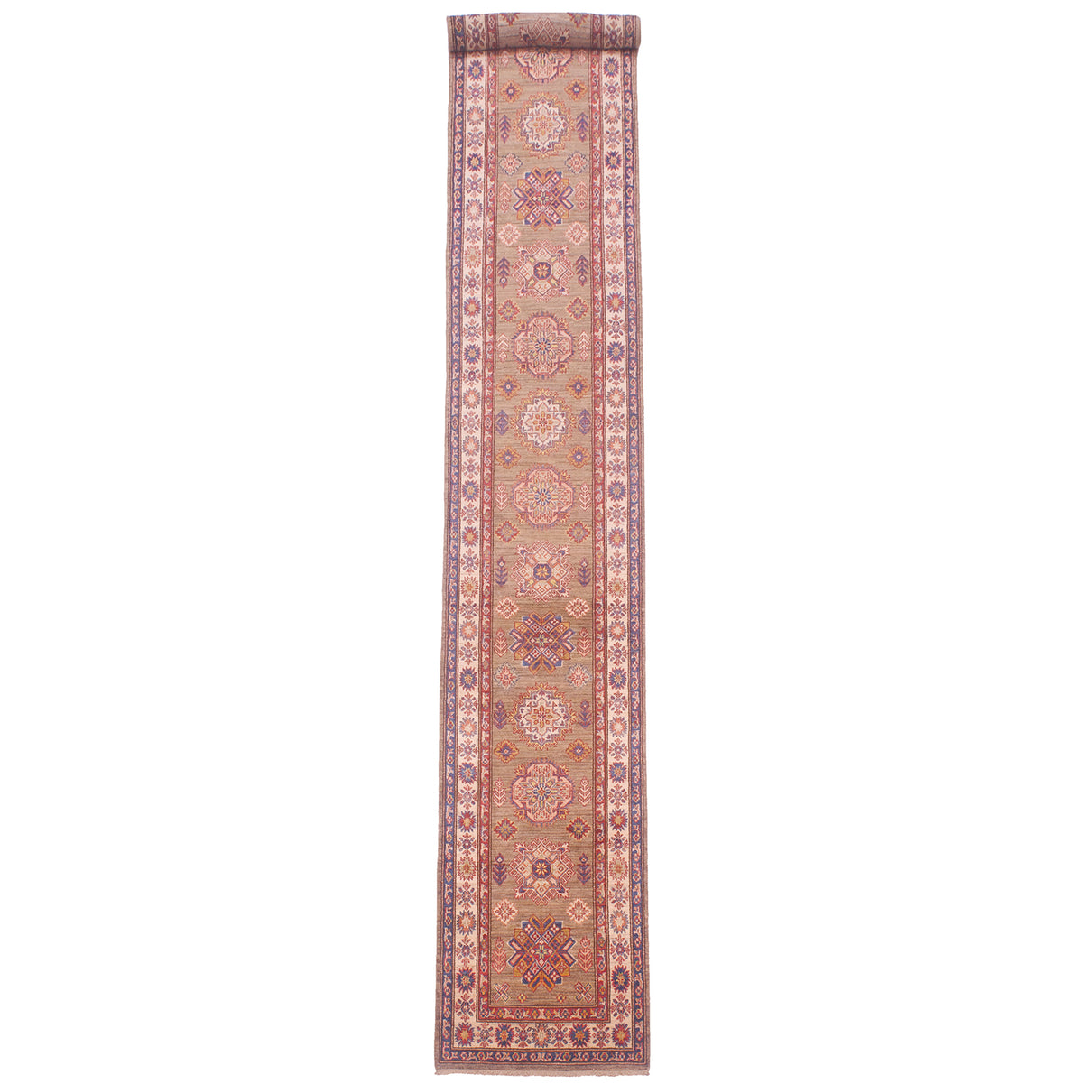 Extra long handmade Afghan Kazak runner with geometric 15 medallion design on a light brown field.