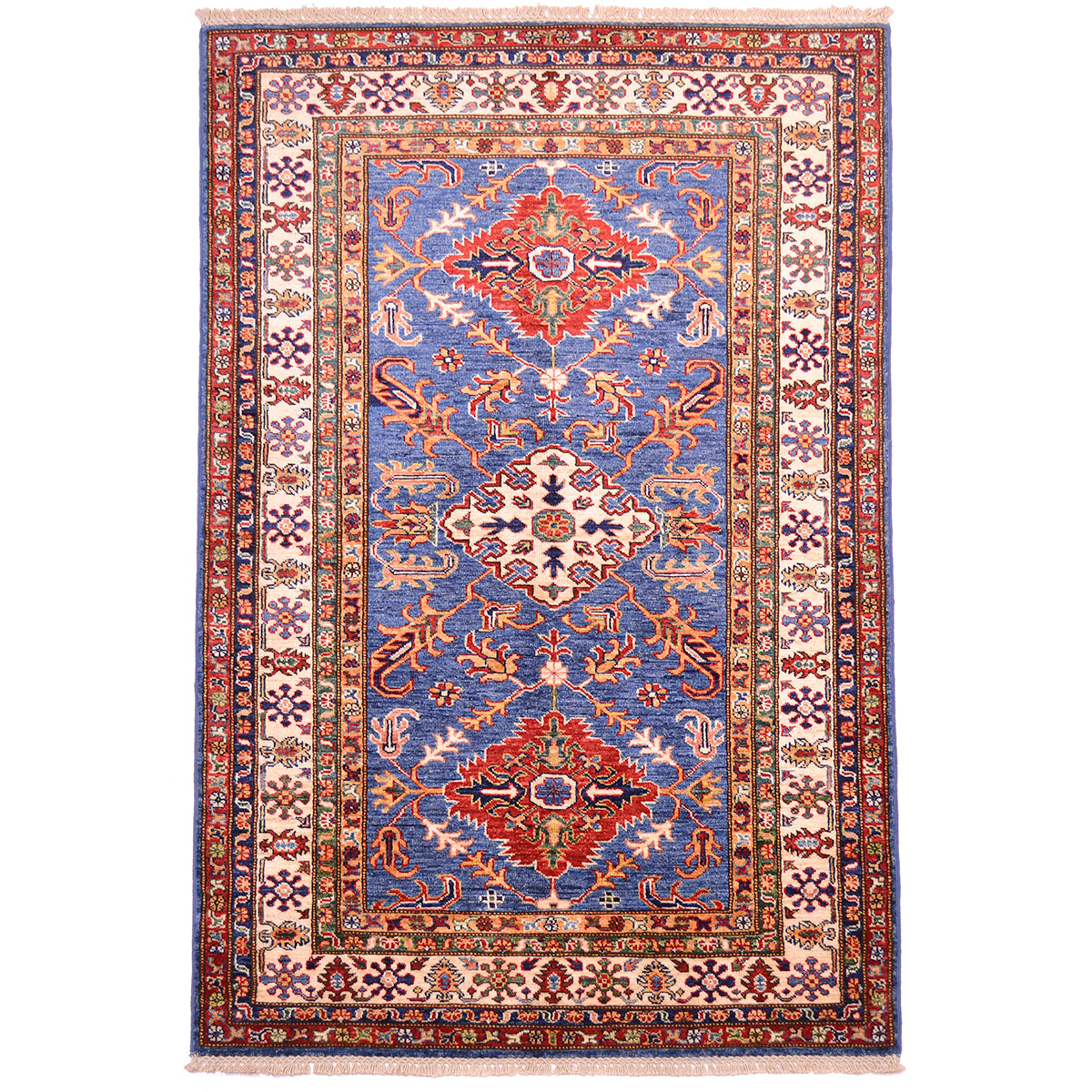 Fine Kazak Rug with blue field, 3 geometric medallions and and cream main border.