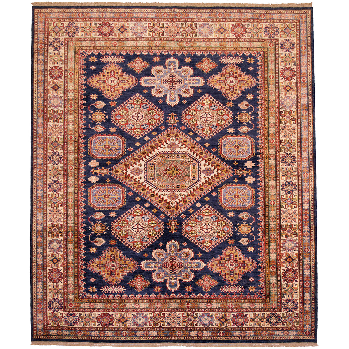 Handmade navy Afghan Fine Kazak Carpet with hand-knotted wool pile - it has a midnight-blue background with contrasting geometric design in cream, green, blue, ochre and rust colours.
