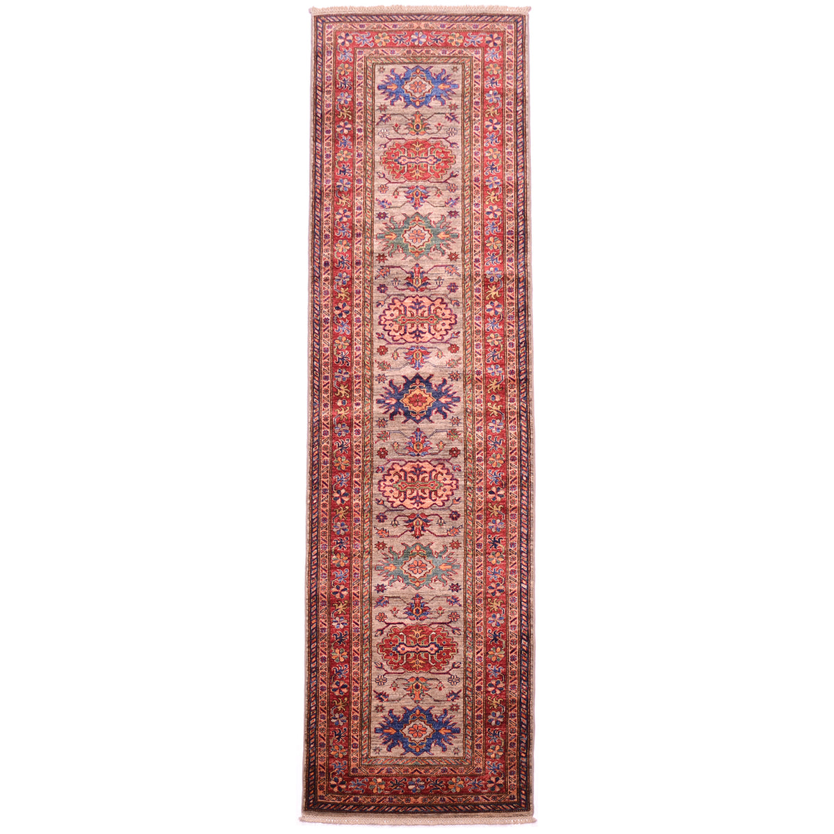 Afghan handmade fine Kazak Runner with neutral grey-brown field colour, red main border along with blue, green, pink and ochre.