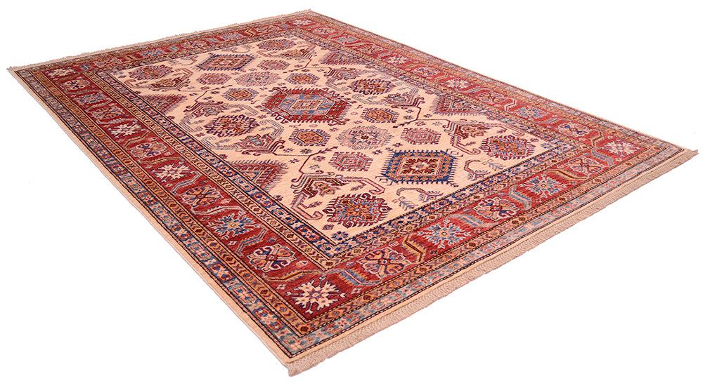 A traditional Caucasian-style Afghan Kazak area rug with a beige centre field, red borders, and blue and cream geometric patterns, shown from an elevated angle on a white background.