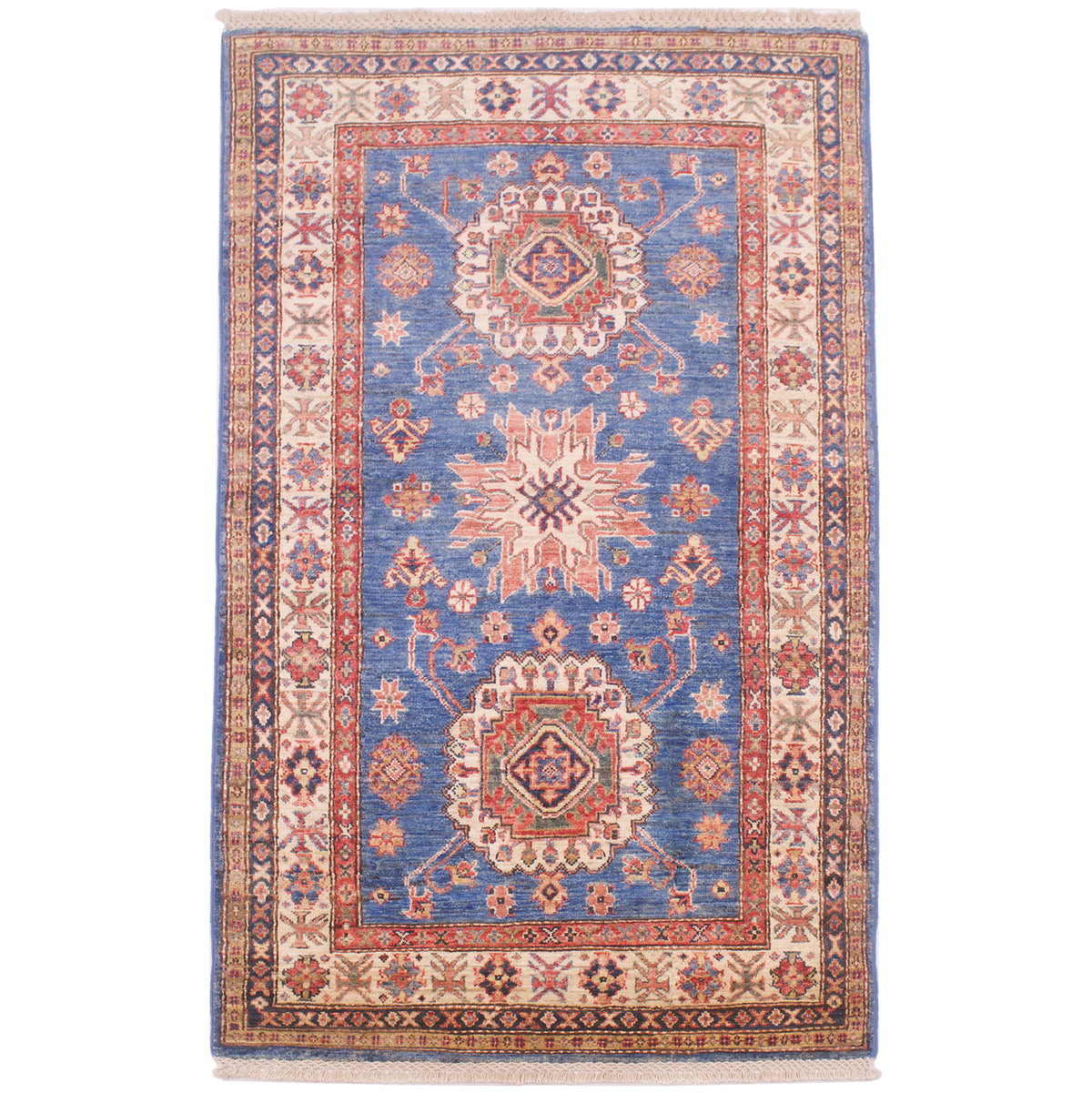 Hand-knotted Fine Afghan Kazak Rug with geometric design of three medallions. Blue primary colour, along with shades go beige, pink, and rust-red.