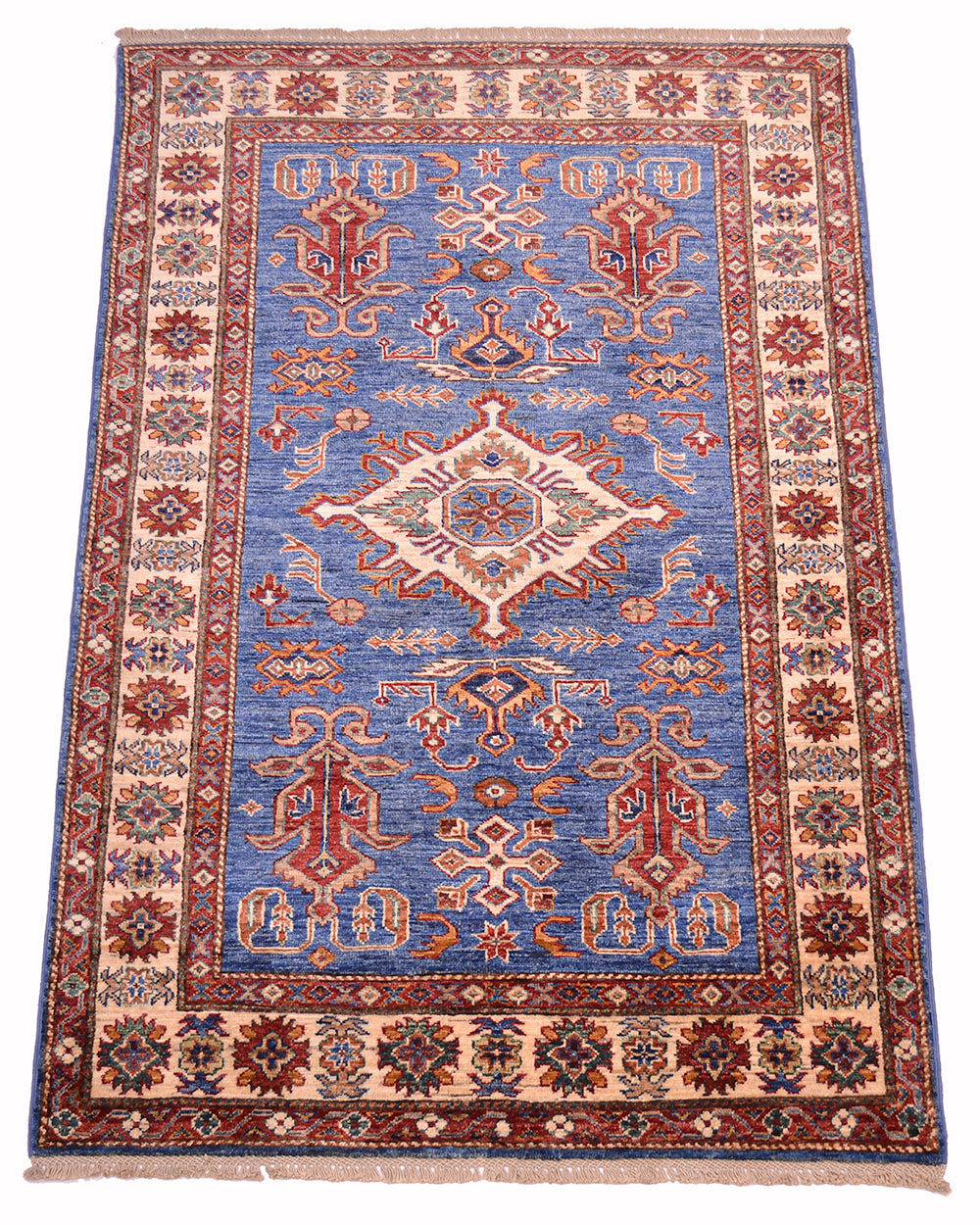 A traditional Handmade Fine Kazak Rug with blue field, beige and red borders, and a central medallion, shown flat against a white background.