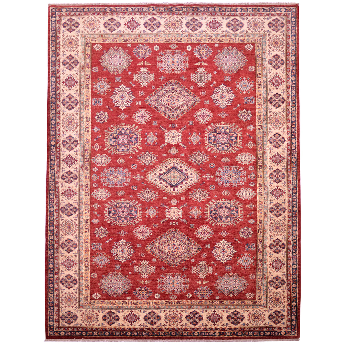 Large handmade red fine Kazak carpet with all over geometric design and beige border.