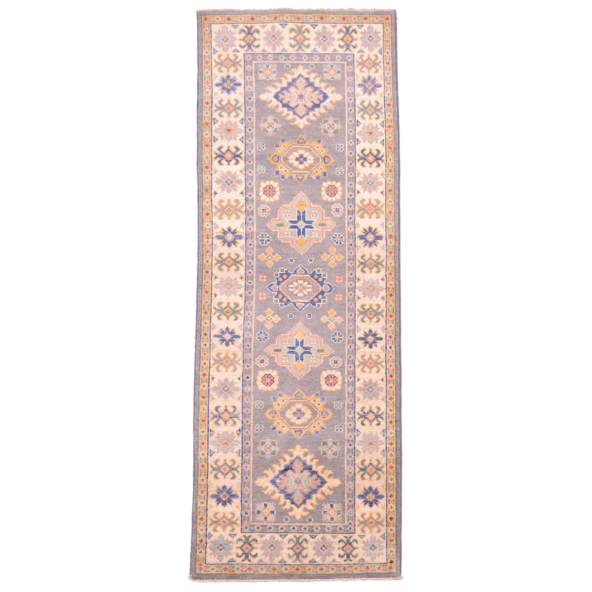 Grey Handmade Kazak Strip/ runner rug with geometric design & cream border.