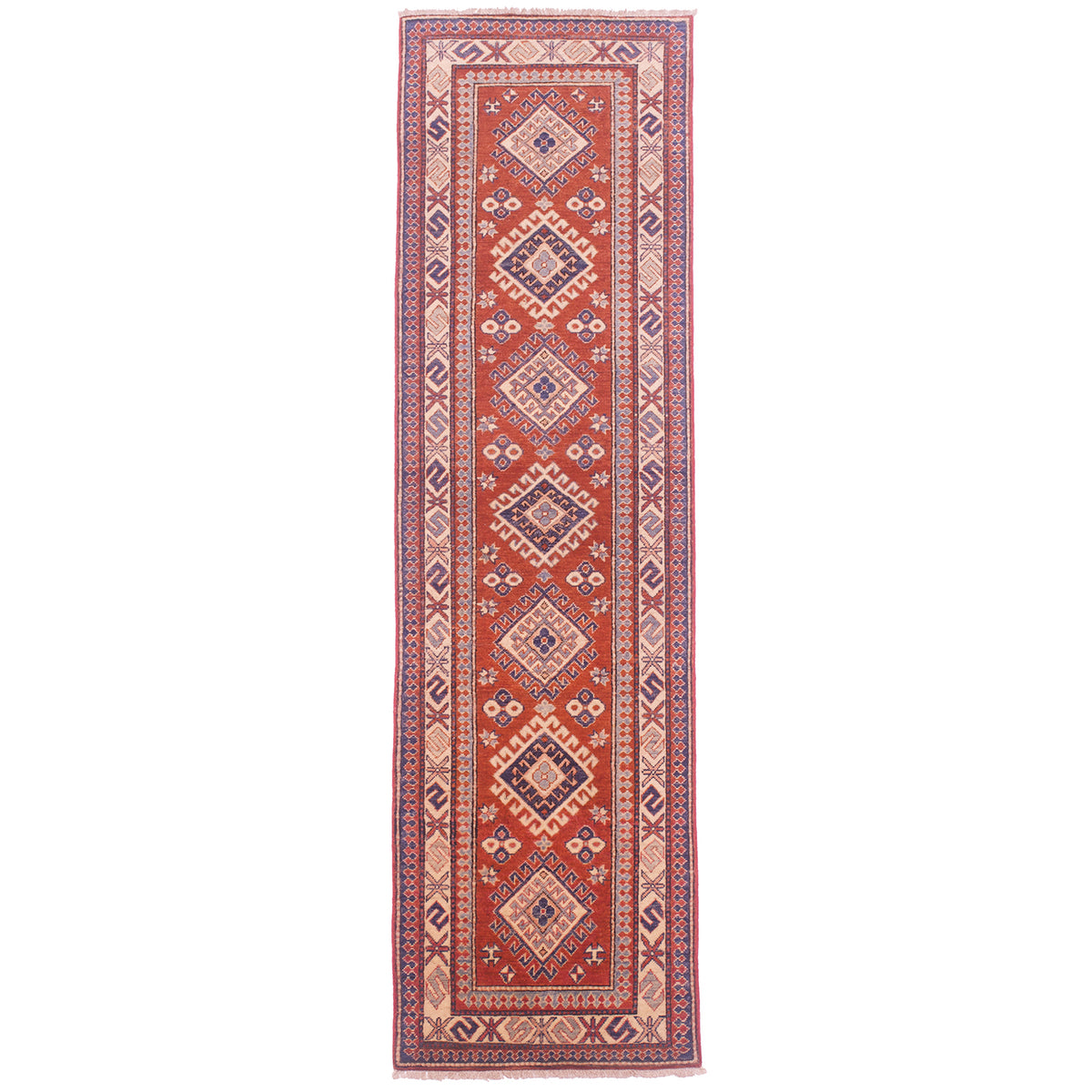 Traditional Kazak runner with rust-red field, beige border & geometric 7 medallion design.