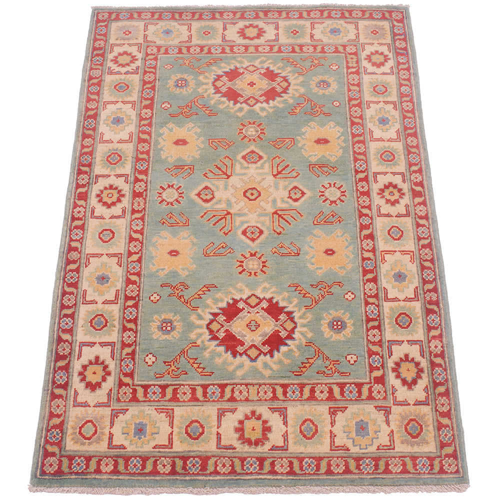 A rectangular Afghan Sea Green Kazak Rug rug with a traditional geometric pattern, featuring a light blue-green centre field, red and beige medallions, and a red border, shown flat against a white background.