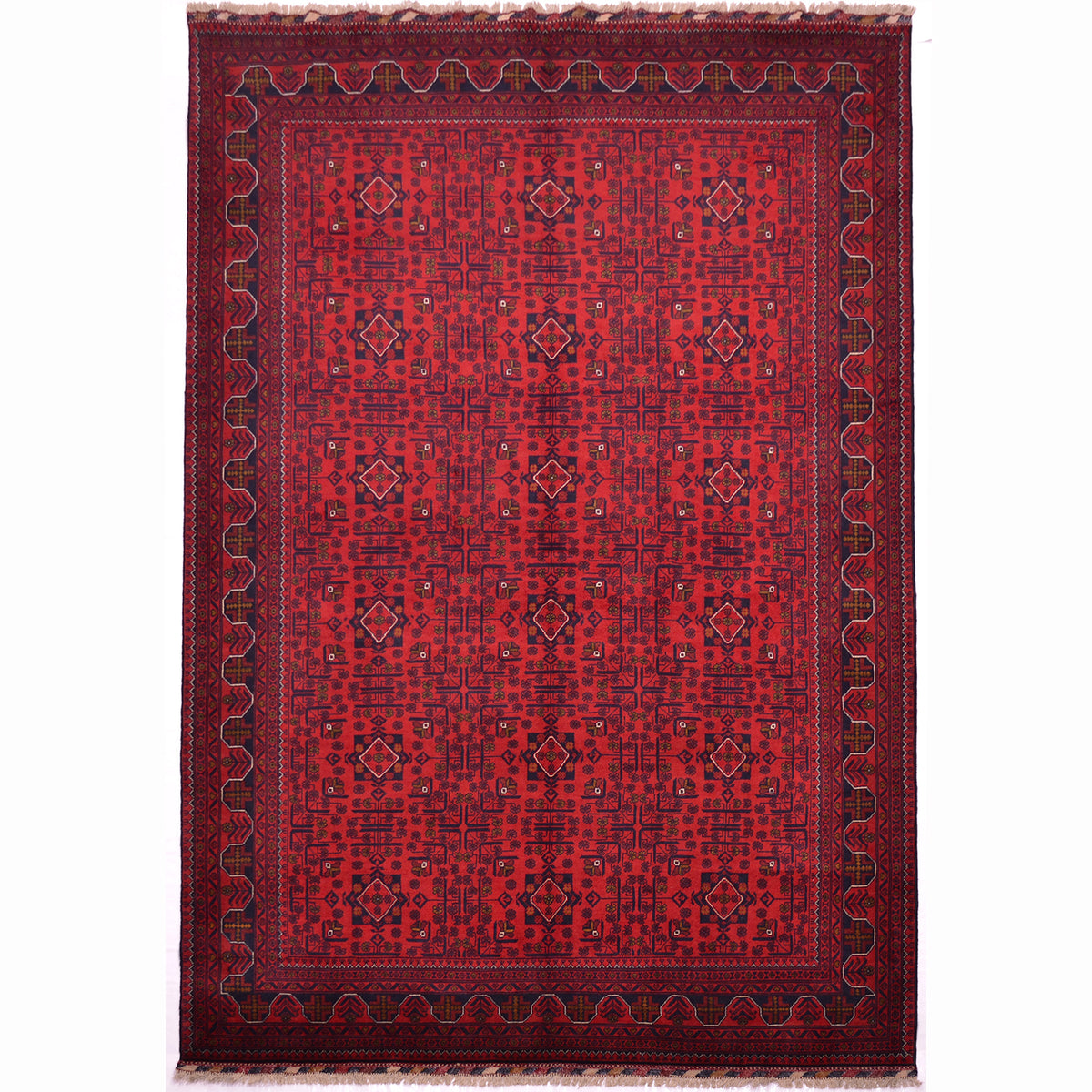 Hand knotted wool pile red and blue-black geometric design Afghan Khal Mohamad carpet.