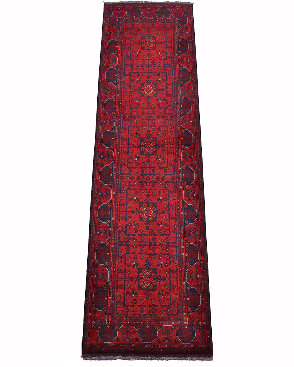 A long runner rug in red with a dark navy blue border and central 5 medallion pattern, shown flat against a white background.