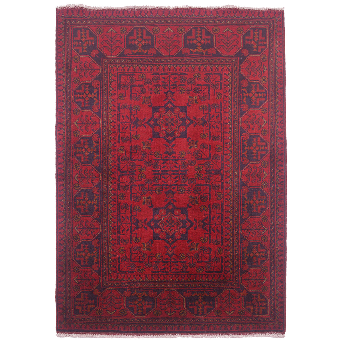 Red and black Khan-Mohamadi rug with geometric design.