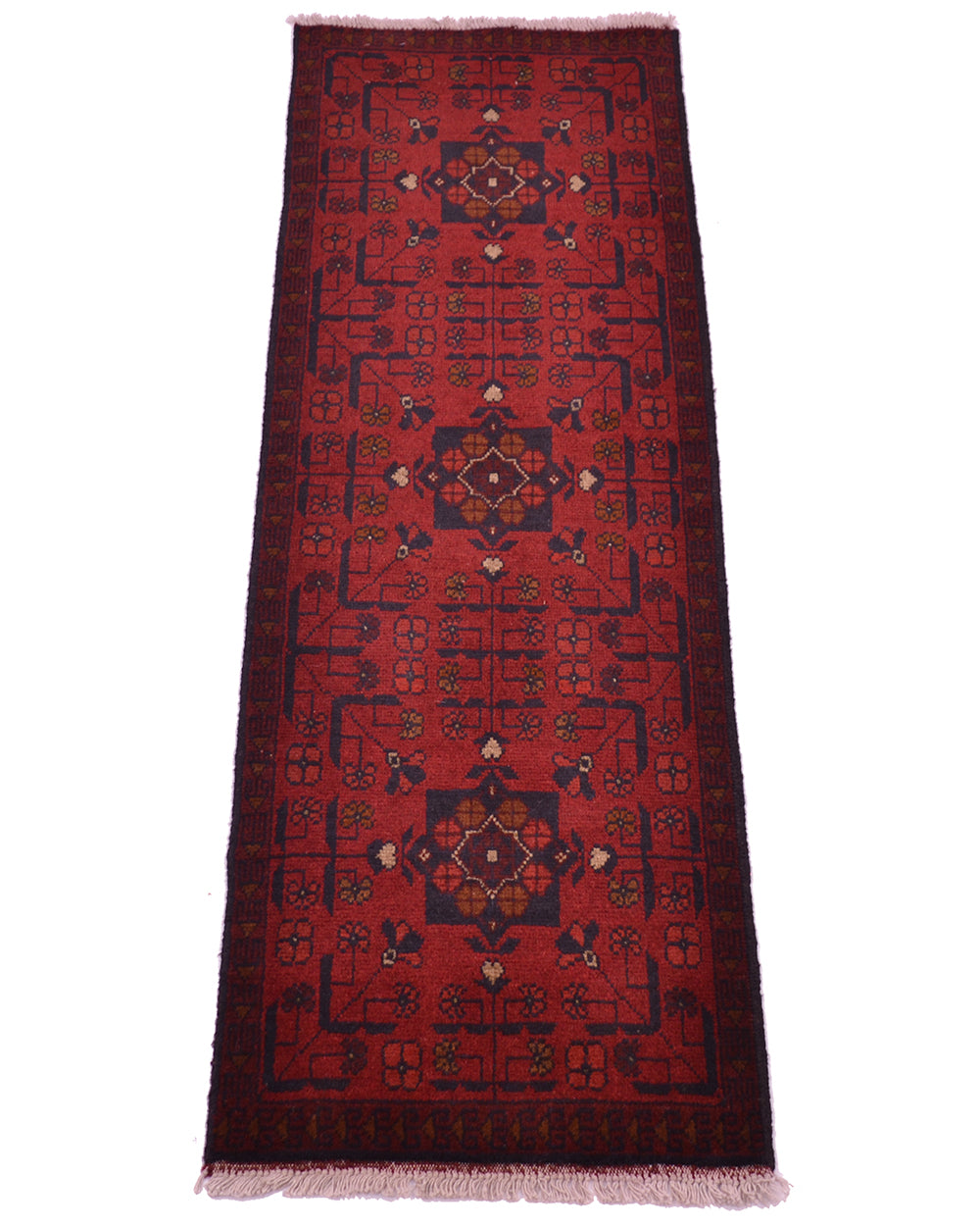 A long rectangular red afghan area runner with a dark navy border and three central medallions, shown flat against a white background.