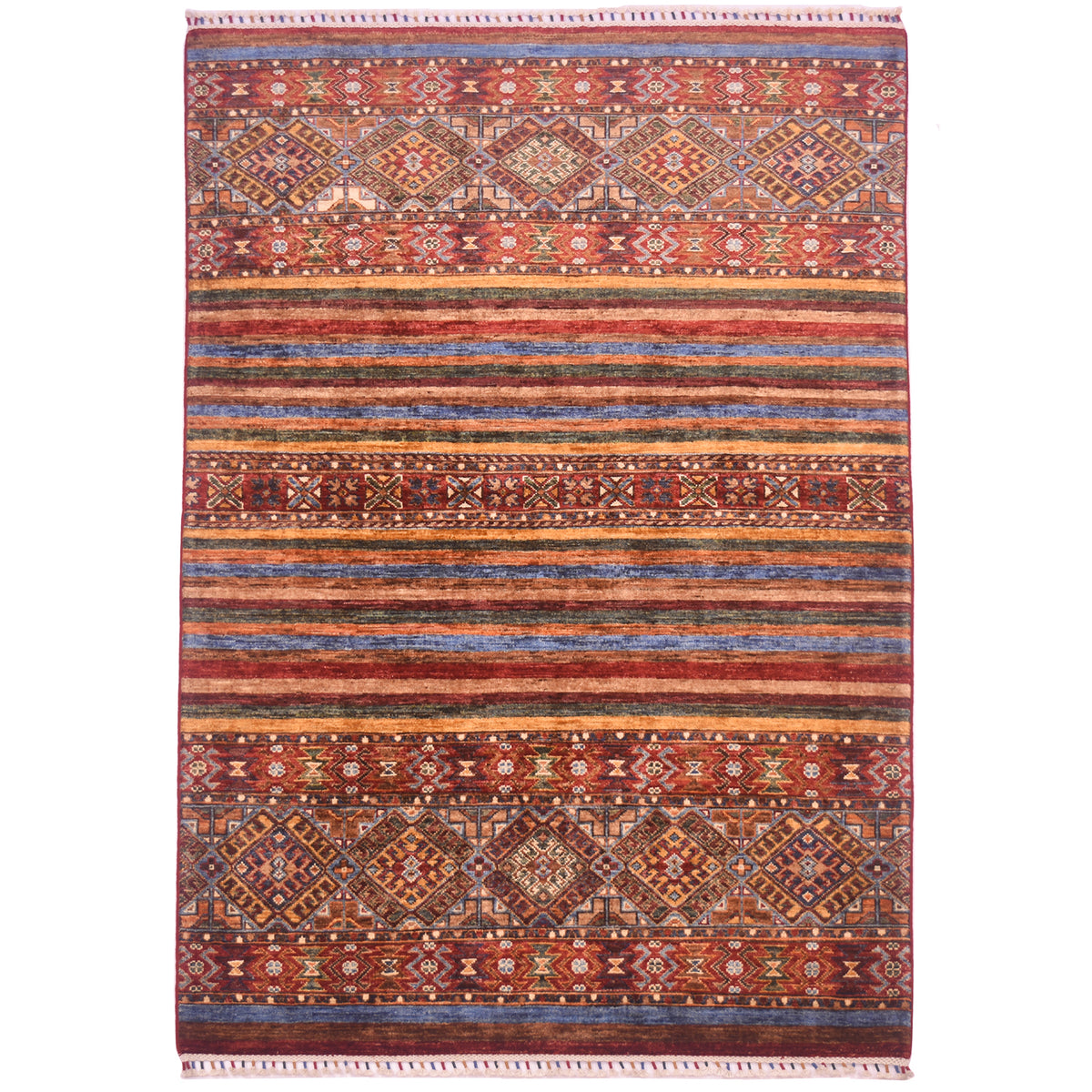 Handwoven Afghan Khorjin Rug with multicoloured theme of patterns and stripes.