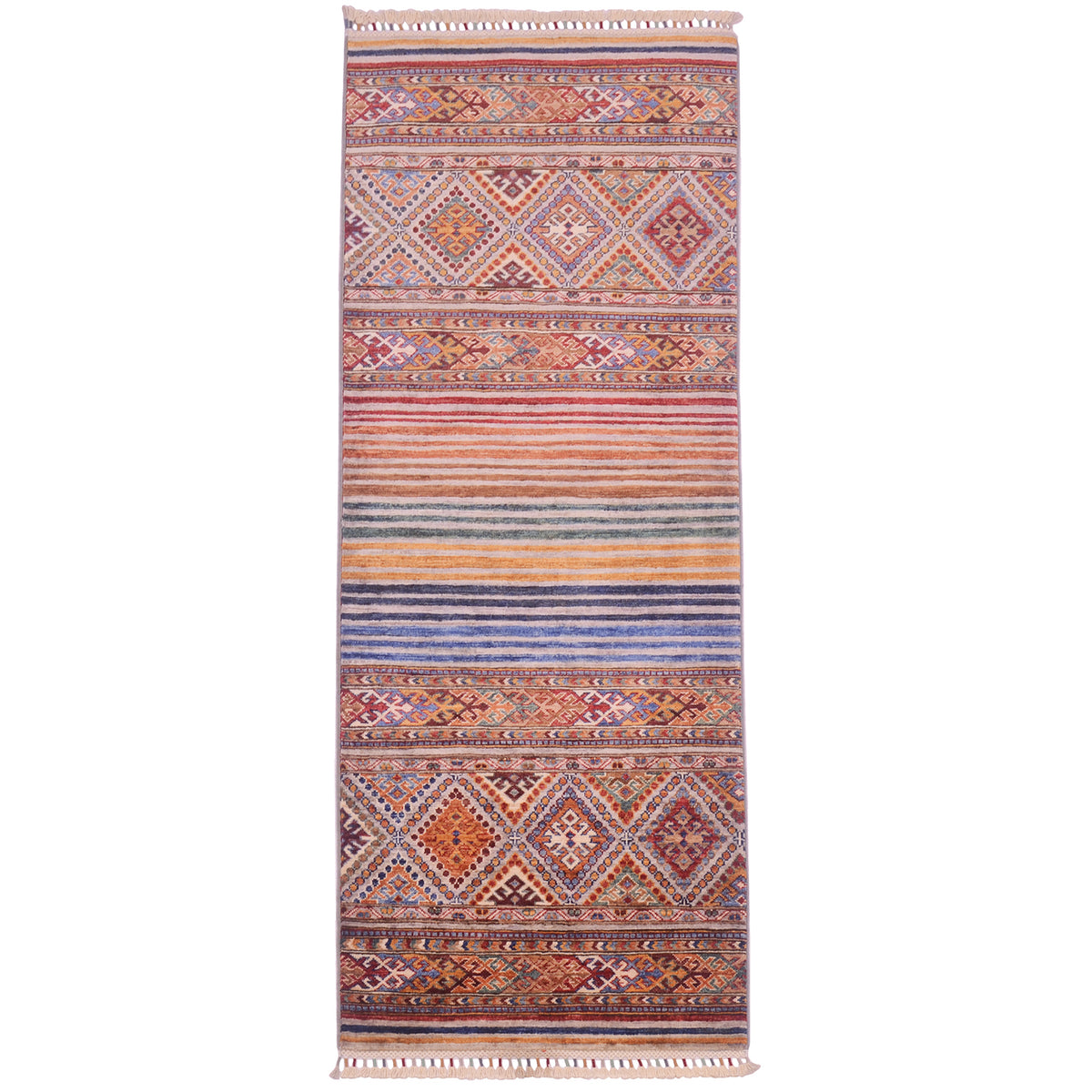 Handwoven Afghan Khorjin Runner with two patterned end panels divided by a middle section of stripes.