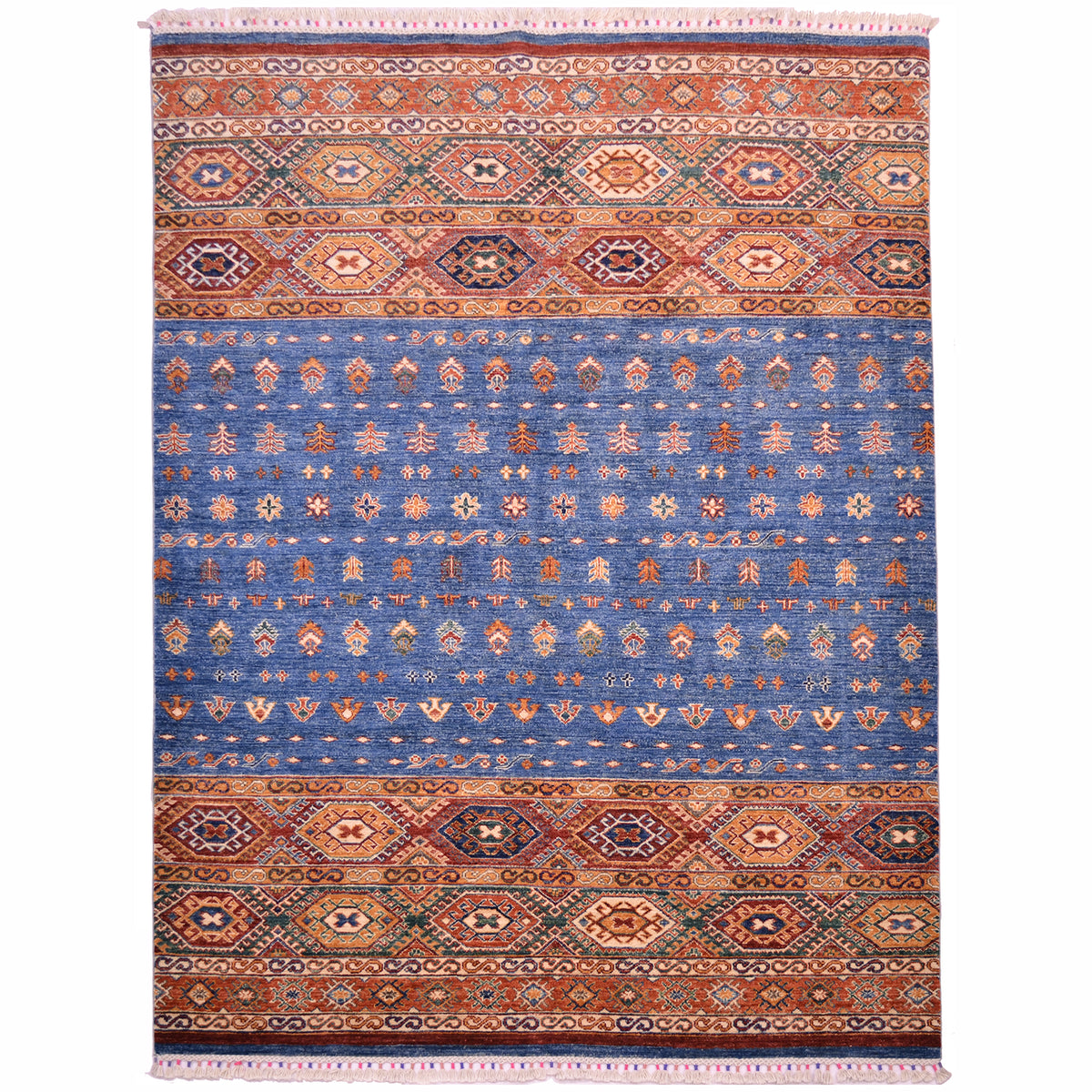 Afghan blue Khorjin carpet blue with multi-colour end panels.