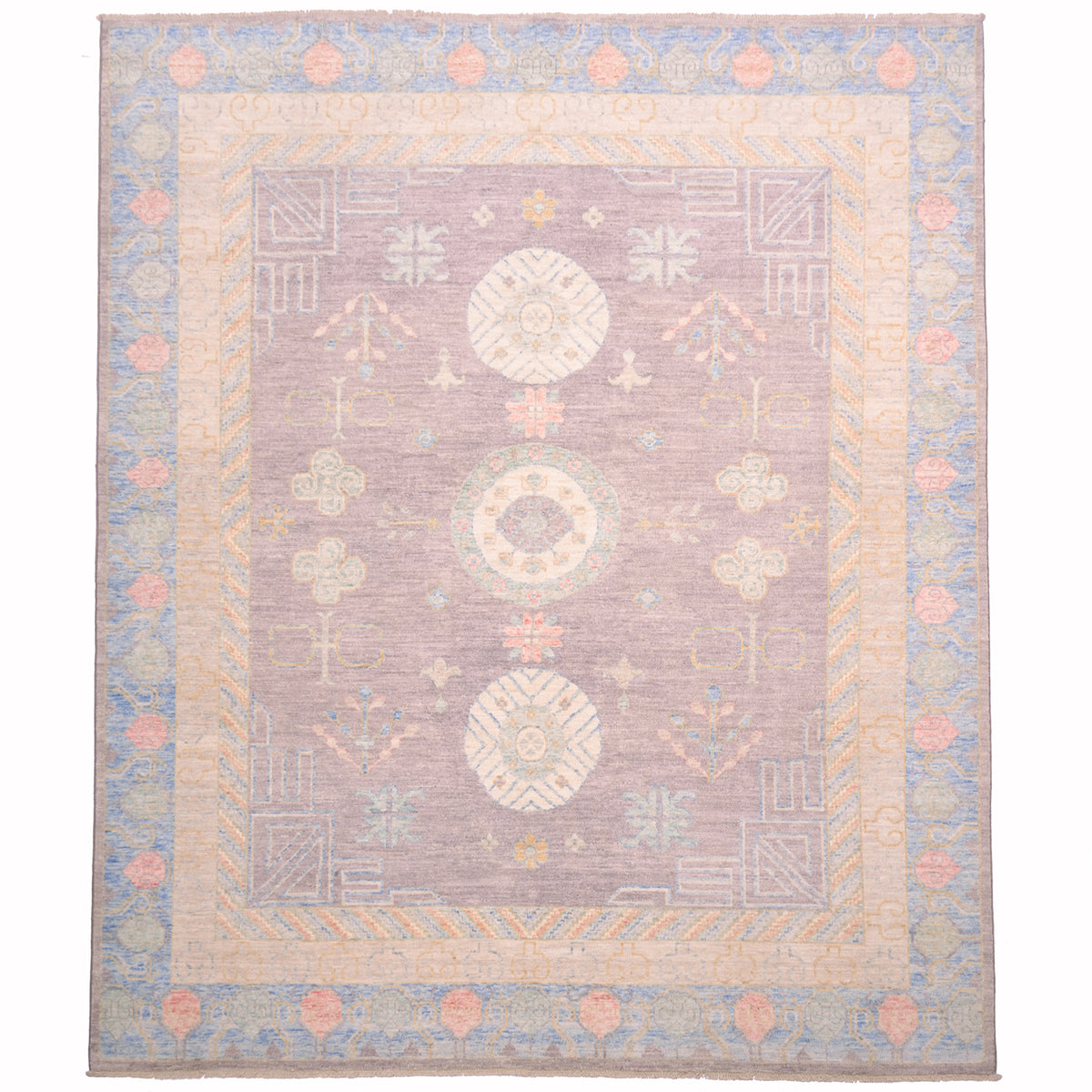 Afghan Khotan design carpet with three circular medallions on a soft grey ground with light blue outer border as well as delicate detail touches of soft green, coral pink and gold and cream details. Distinctive khotan medallions.