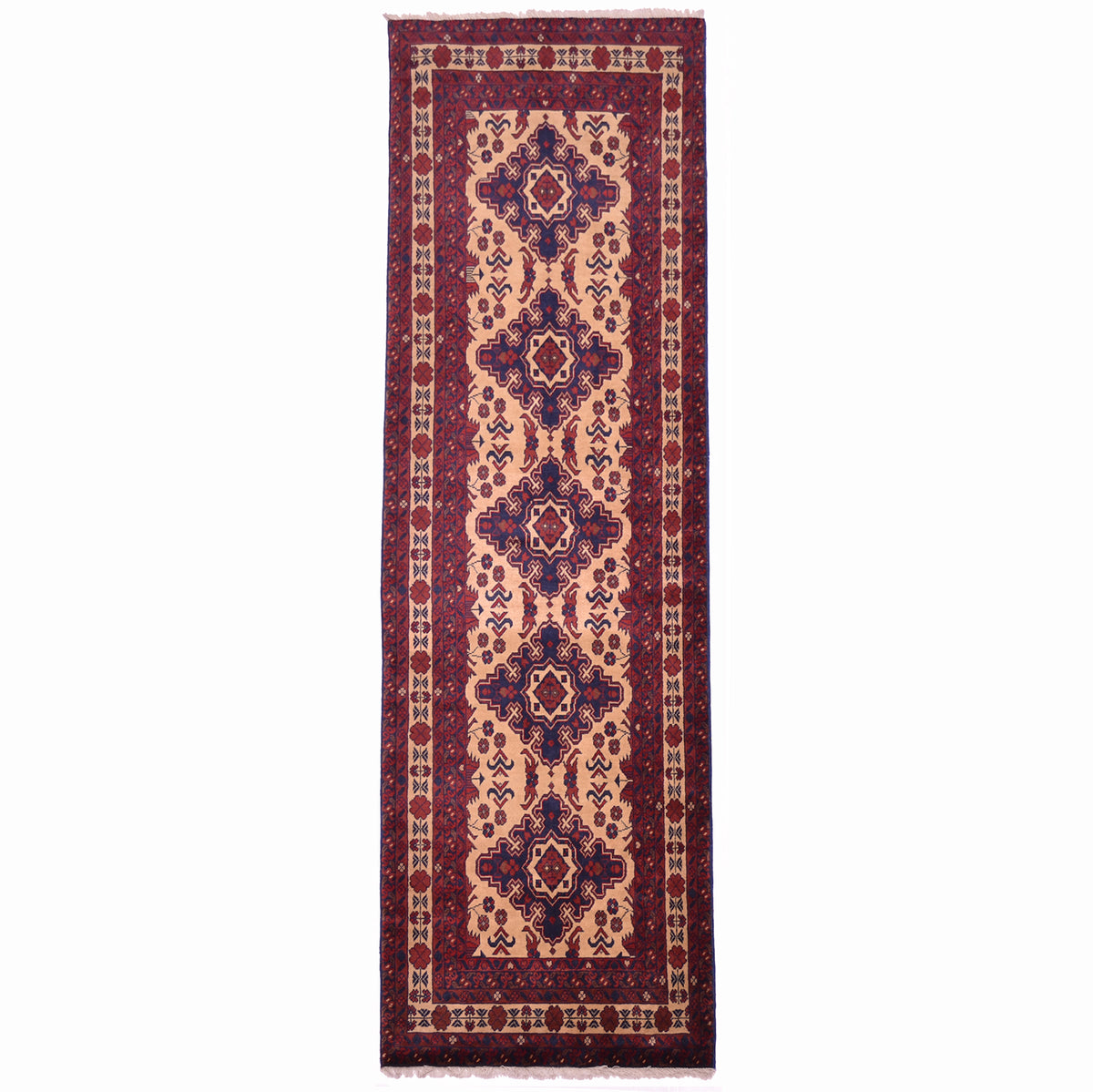 Kunduz runner rug with beige field, 5 dark blue medallions, along with red.