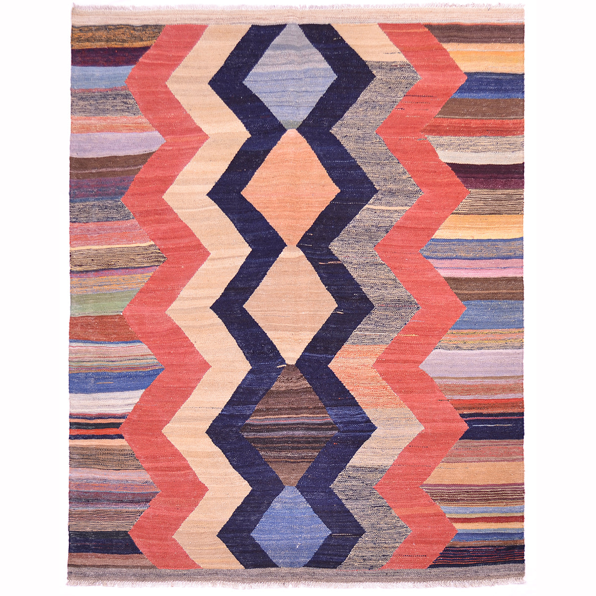 Handwoven modern Afghan Kilim rug with colourful design showing a linked 5 diamond medallion centrepiece.