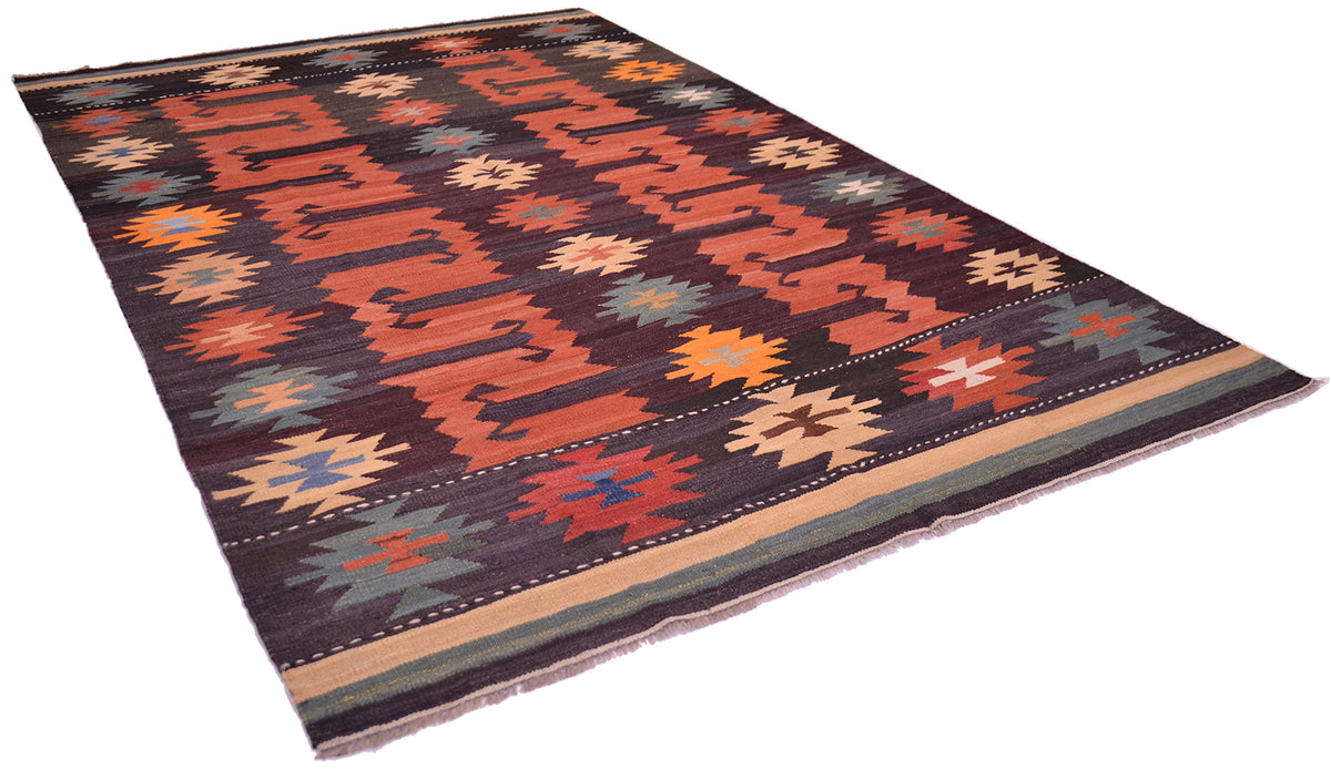 A rectangular handwoven Afghan Labijar Kilim rug with a dark brown base and geometric patterns in terracotta orange, beige, red, and muted blue, shown on a plain white background.