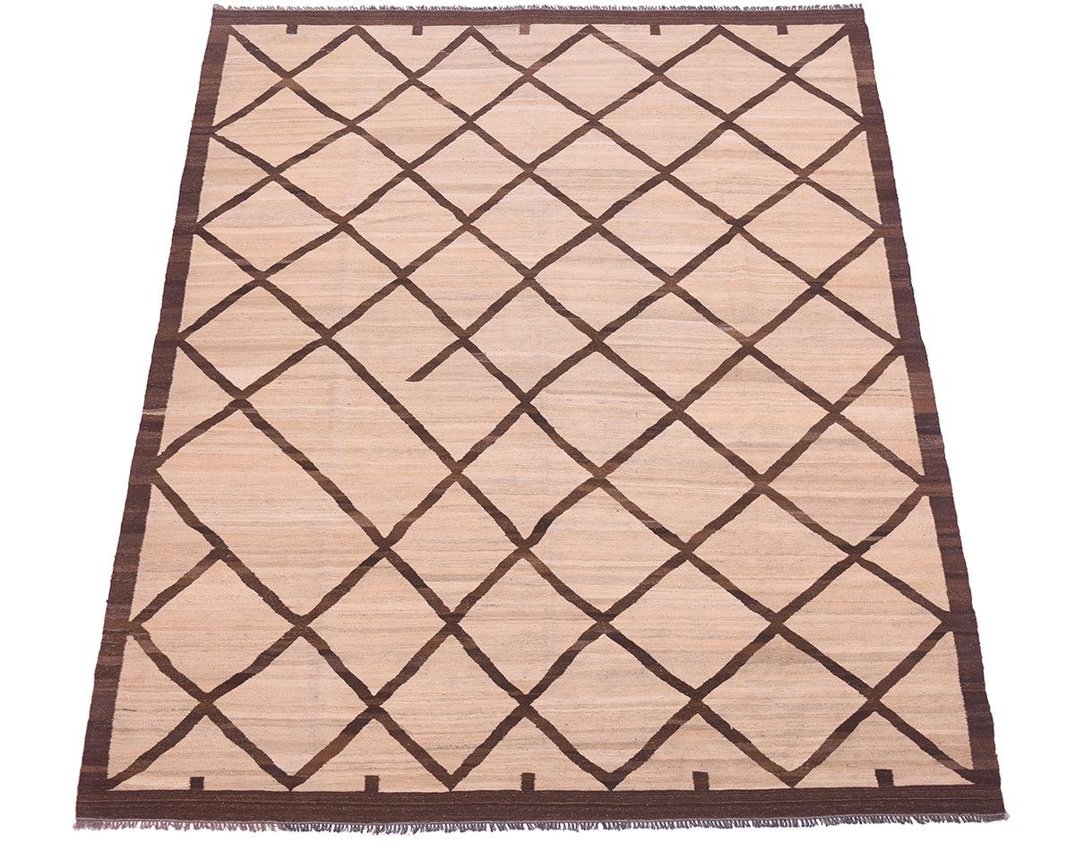 A rectangular Tribal style handwoven Afghan Kilim with a natural beige base and a dark brown geometric diamond lattice pattern, finished with a matching dark brown border and fringe.