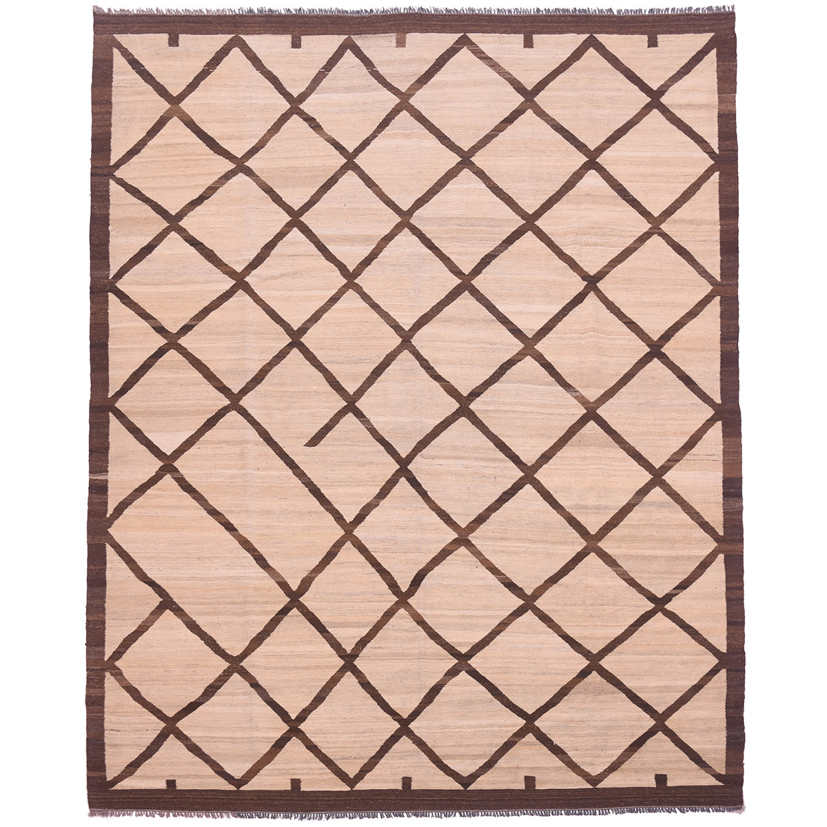 Tribal style handwoven Afghan Kilim with dark brown lattice design on a beige ground.