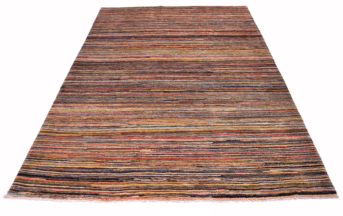 A rectangular handwoven Afghan stripy Gabbeh area rug with a horizontal striped pattern in earthy tones of brown, rust, beige, and muted blue, shown flat against a white background.