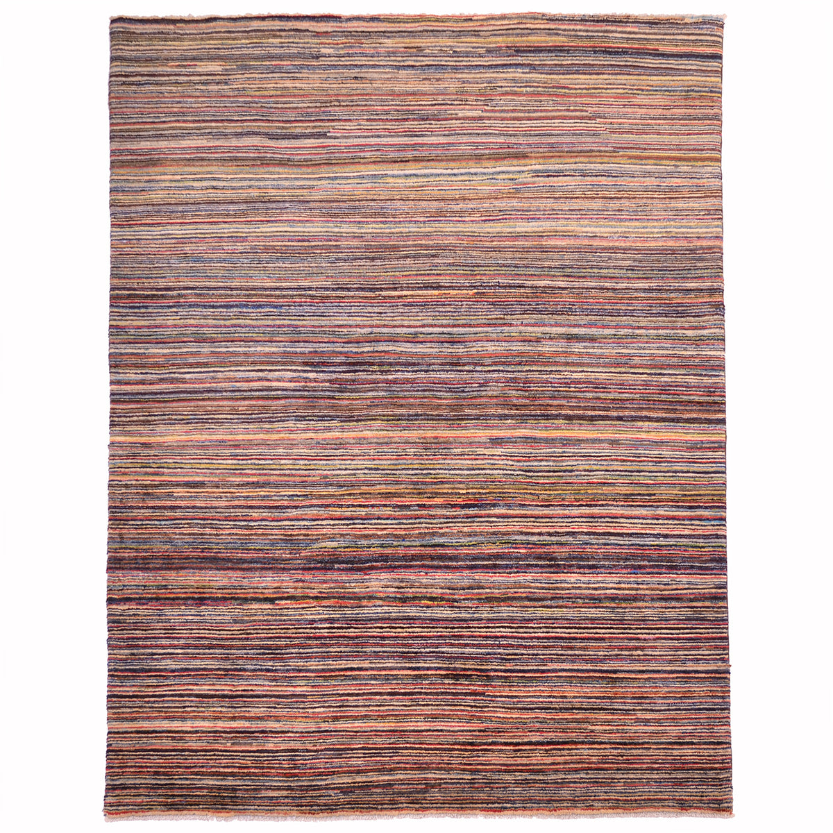 Handmade Stripy Gabbeh rug with theme of narrow multicolour stripes.