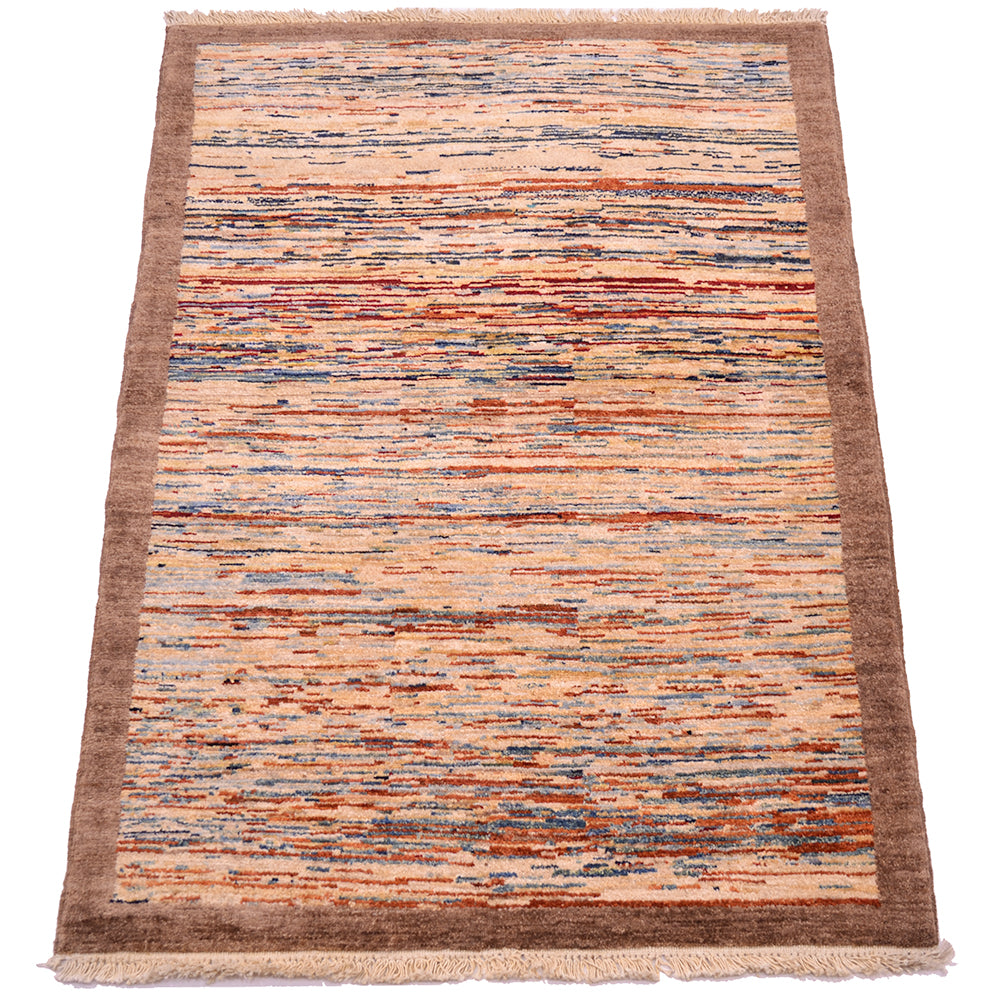 A rectangular Afghan Gabbeh Rug with a textured pattern in beige, rust red, blue, and brown, featuring a solid brown border and cream fringe on a white background.