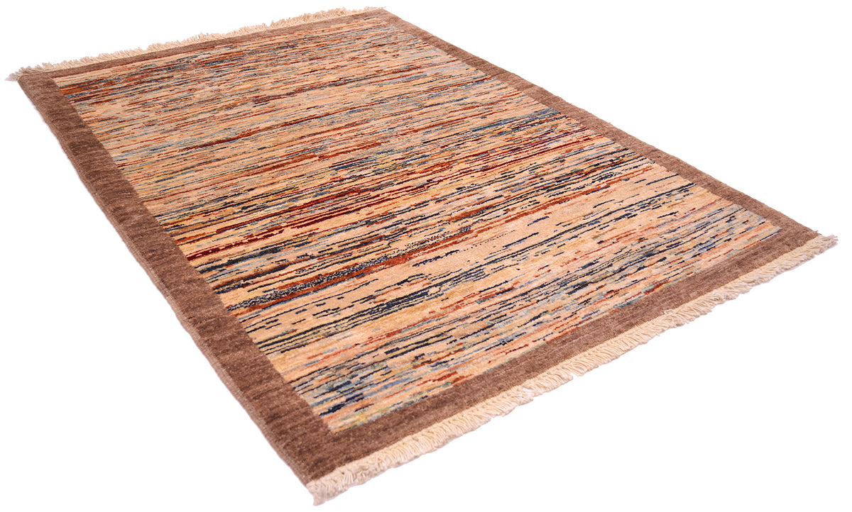 A rectangular hand-knotted Afghan Gabbeh scatter rug with a textured, multicoloured abstract pattern in shades of brown, beige, orange, and blue, featuring a solid brown border and fringe on the ends, shown on a plain white background.