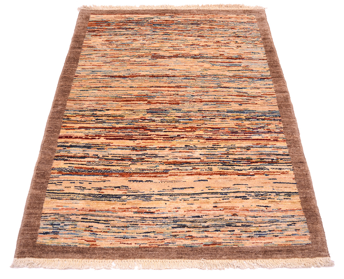 A rectangular Gabbeh Afghan rug with a textured, handwoven horizontal stripe pattern in shades of beige, orange, brown, and blue, featuring a solid brown border and cream fringe on the ends.