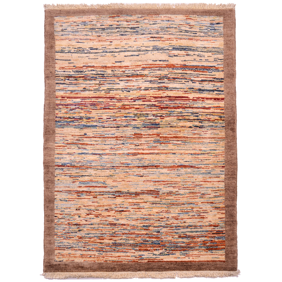 Hand-knotted wool pile Afghan Gabbeh Rug with abstract theme of multicolour stripes surrounded by a plain brown border.