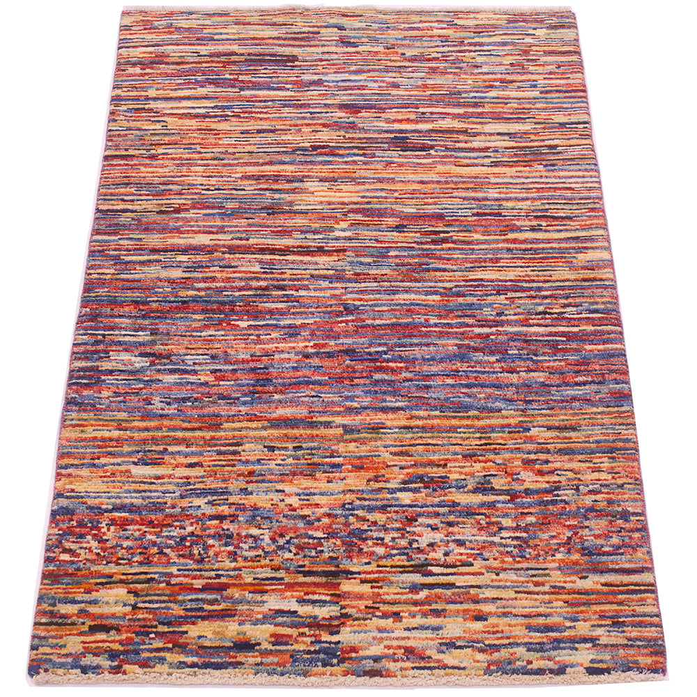 A 5x3 rectangular stripy modern Gabbeh rug with a dense, textured horizontal stripe pattern in a multicolour mix of rust red, orange, blue, beige, and brown, shown flat against a white background.